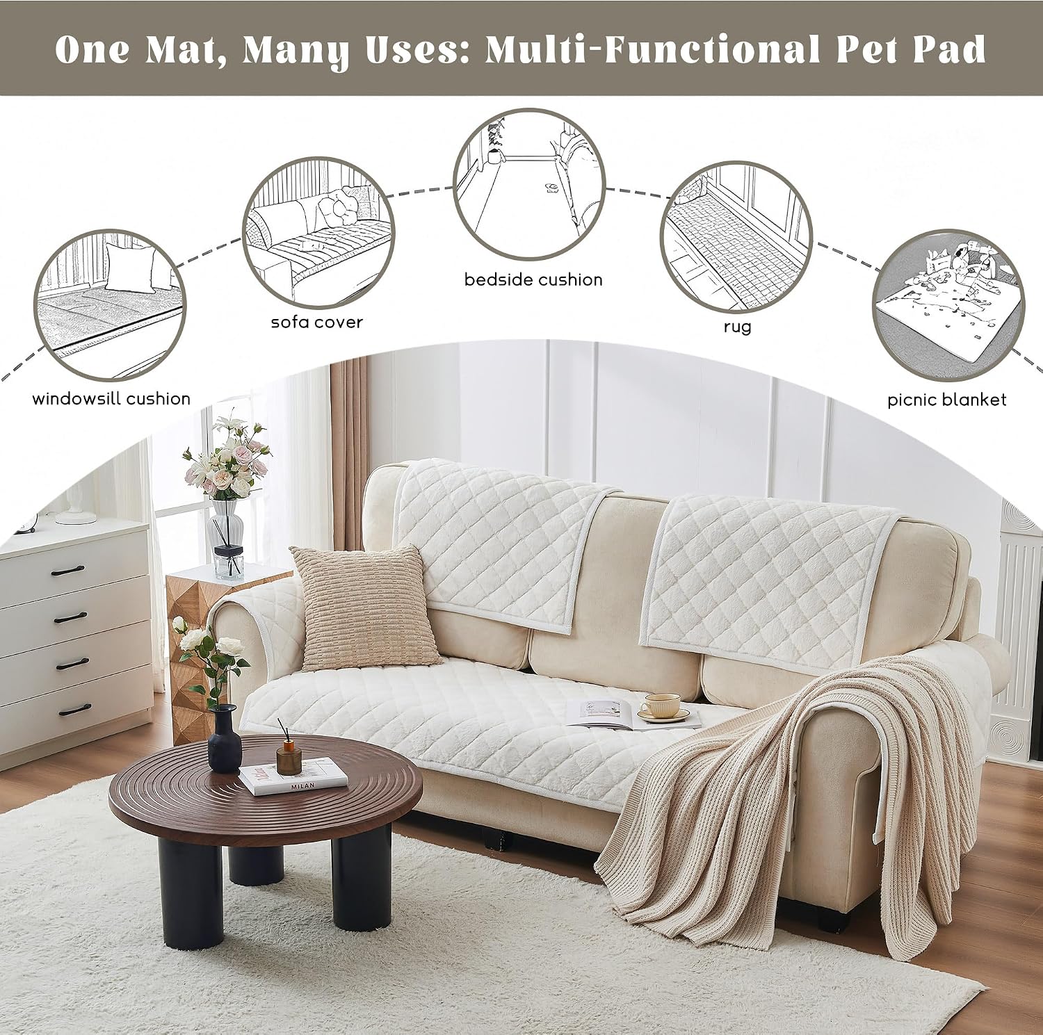 Thumbnail 6 de beeweed Sofa Cushion Covers Sofa Cover, Beige Faux Mink Velvet, Washable