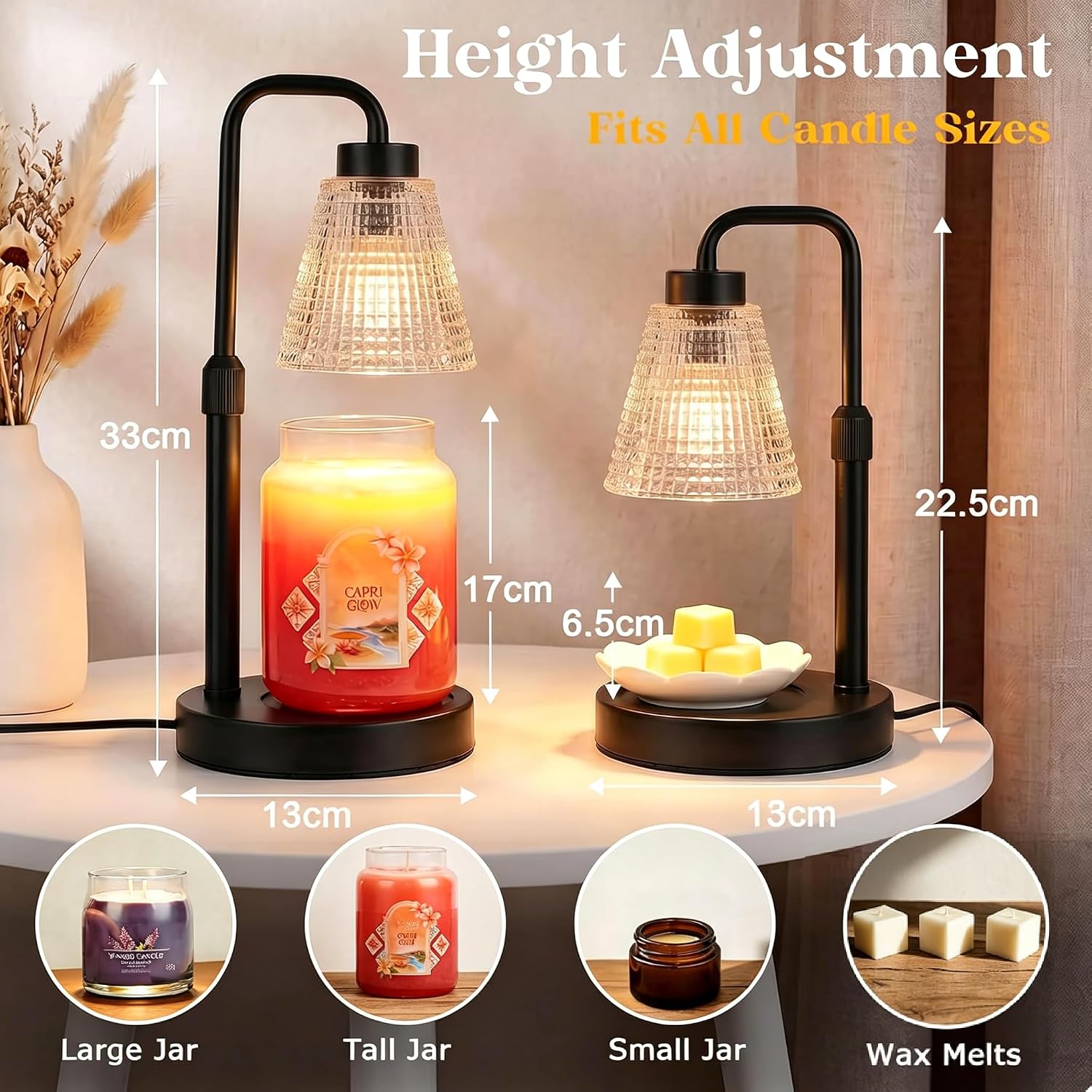 Thumbnail 3 de Candle Warmer Lamp with Timer and Dimmer – Height Adjustable, Flameless Wax Melt Burner for Large Jar Candles