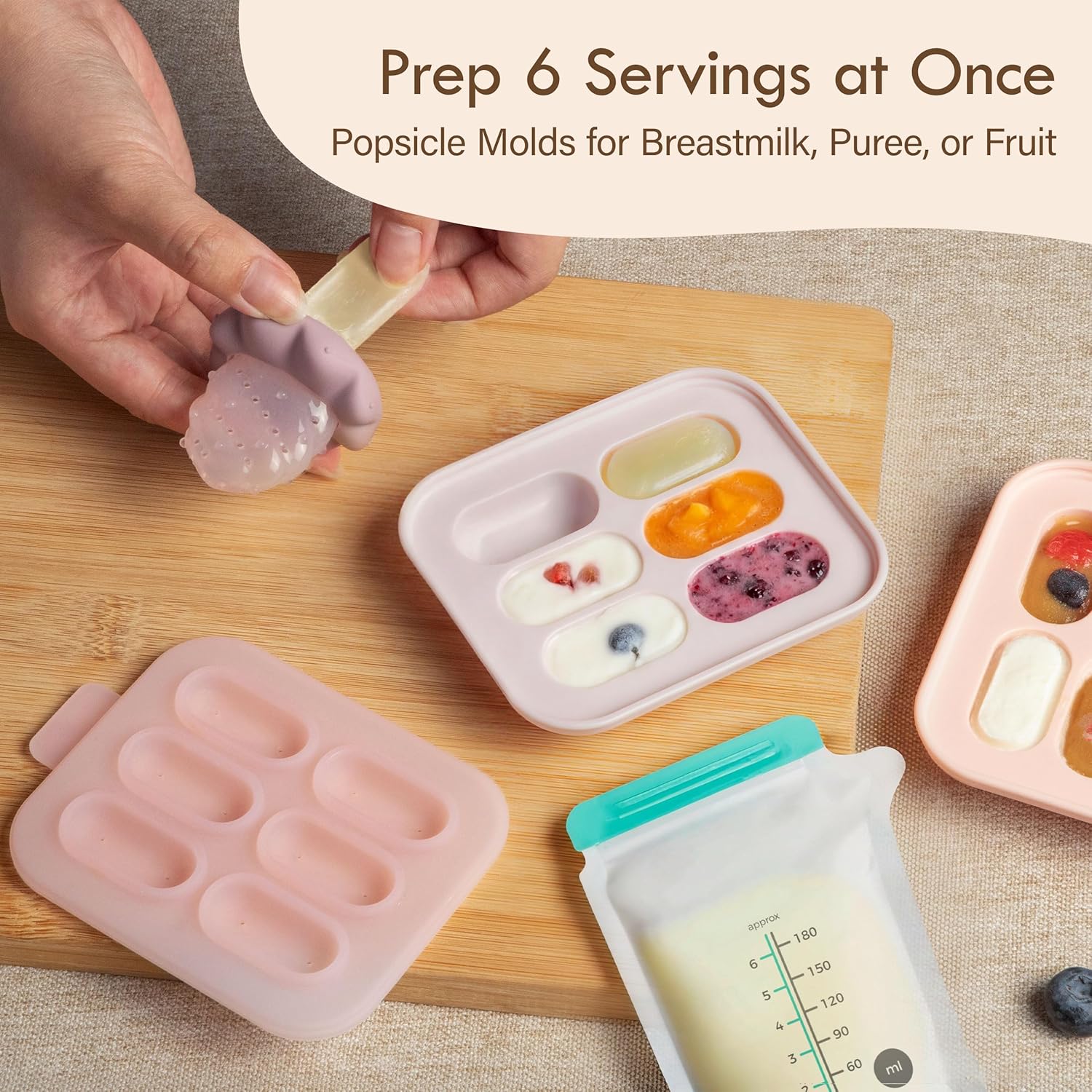 Thumbnail 3 de Moonkie Fruchtsauger Baby mit Gefrierschrank Tablett – BPA-freies Silikon-Feeder-Set, 4 Monate+, mit Beuteln, Blass-Mauve