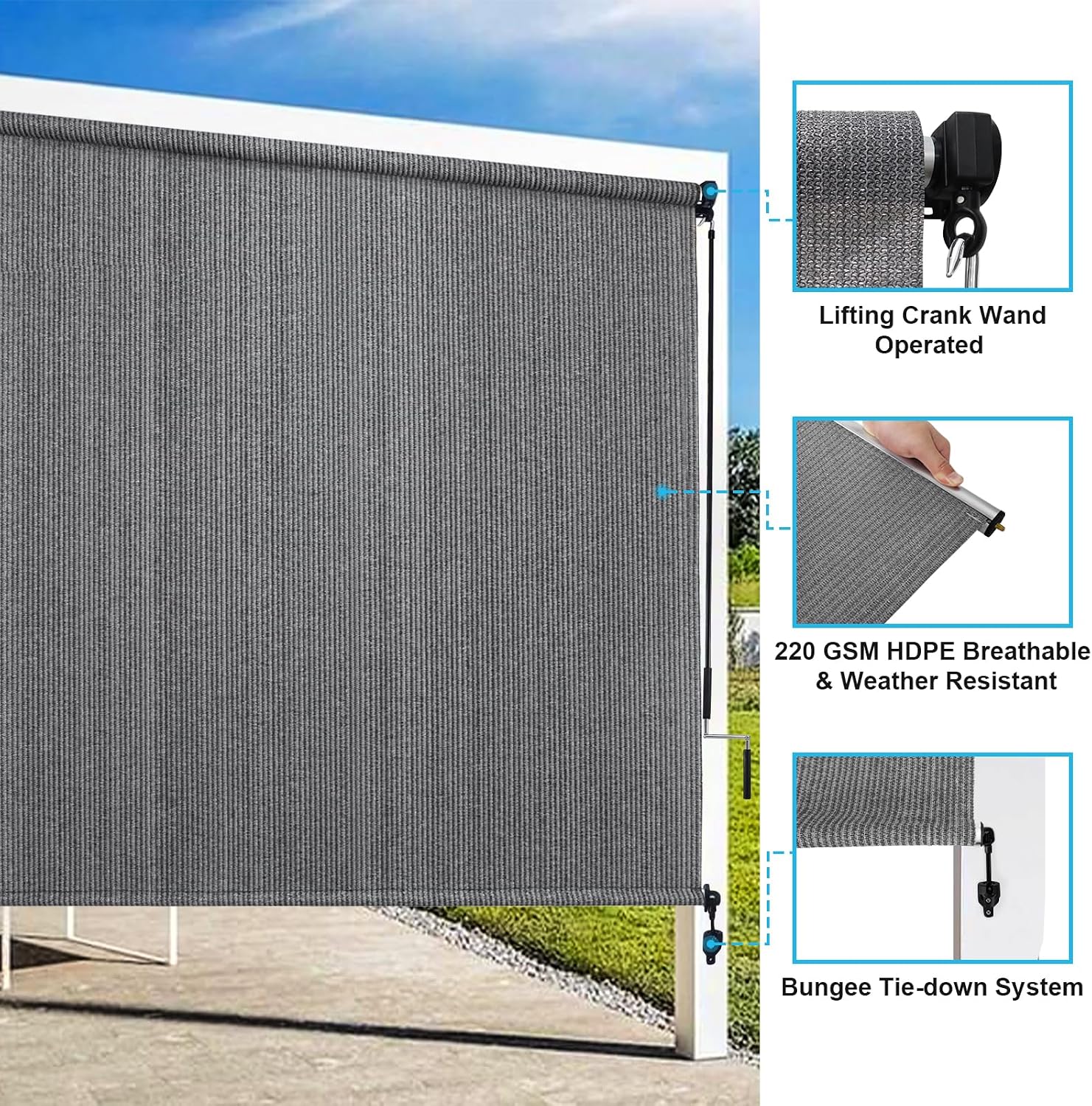 Detalle de Amagenix RC0706-05GPJ Outdoor Roller Shade, 220 GSM HDPE, Cordless, Gray