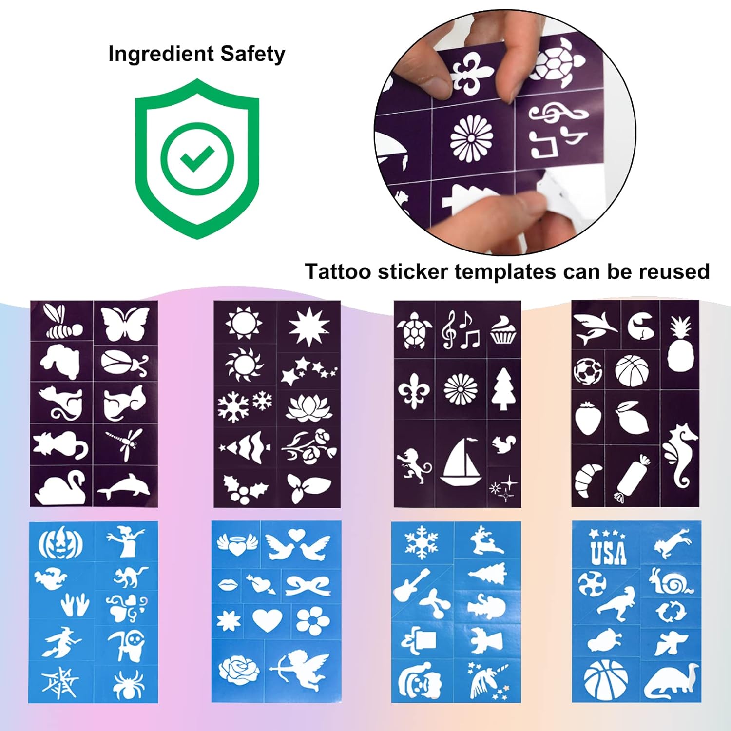 Detalle de Glitzer Tattoo Set mit 48 Farben, 204 Schablonen, 5 Pinseln, 3 Klebern & 218 Strasssteinen – temporäre Wasserdichte Tattoos