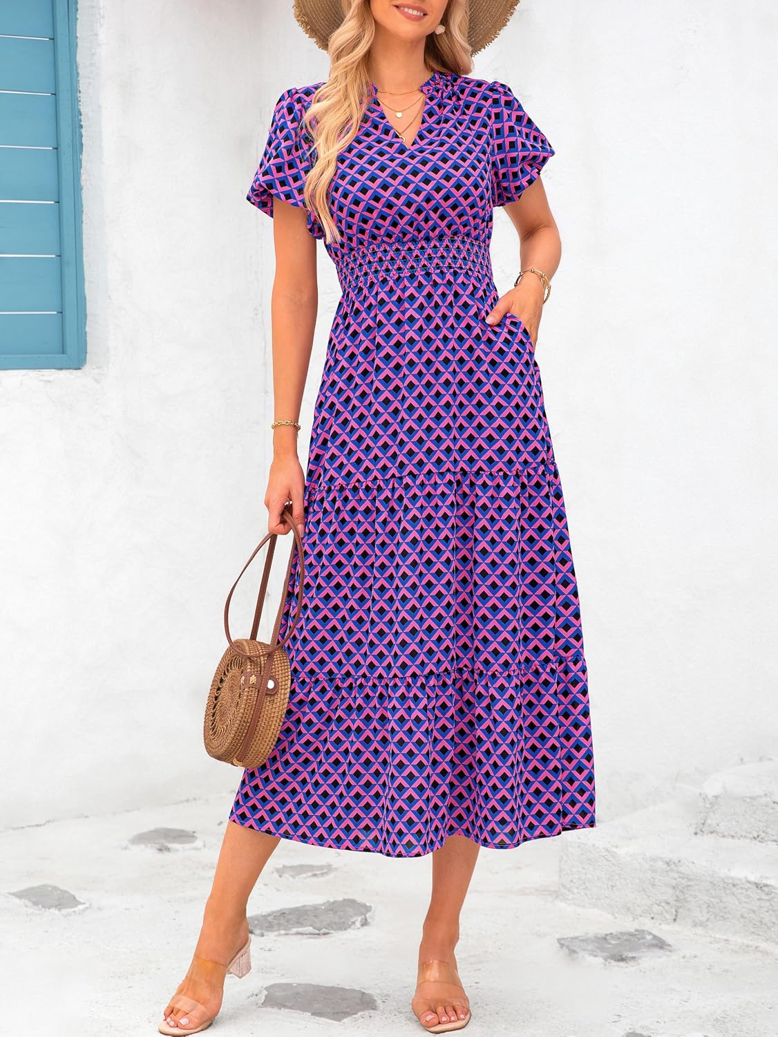 Detalle de MASCOMODA Summer Maxi Dresses for Women (2026) Floral V-Neck Smocked Puff Sleeve Boho Long Dress