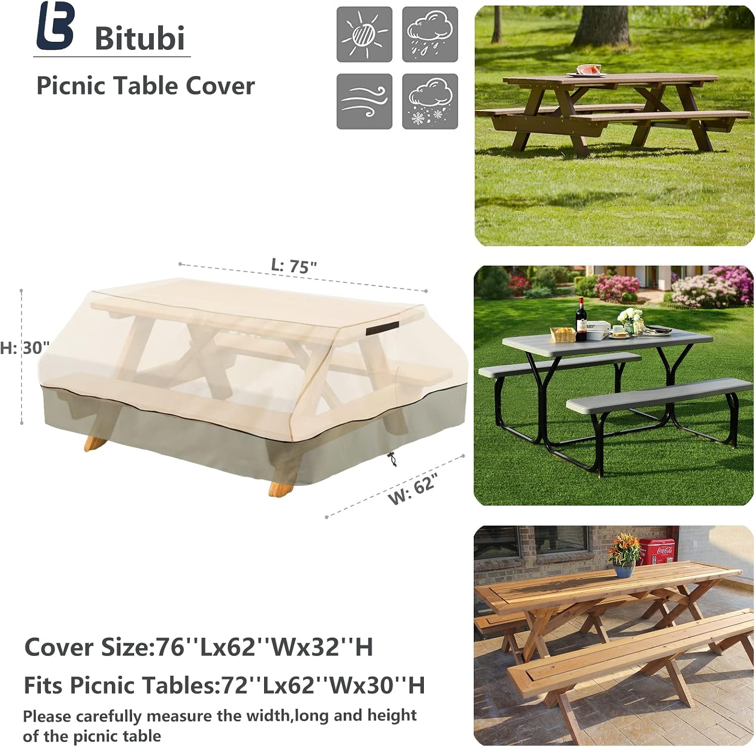 Detalle de Bitubi YCZZ-1003-MB-72 Picnic Table Cover, 600D Oxford, Beige, 70/72-Inch
