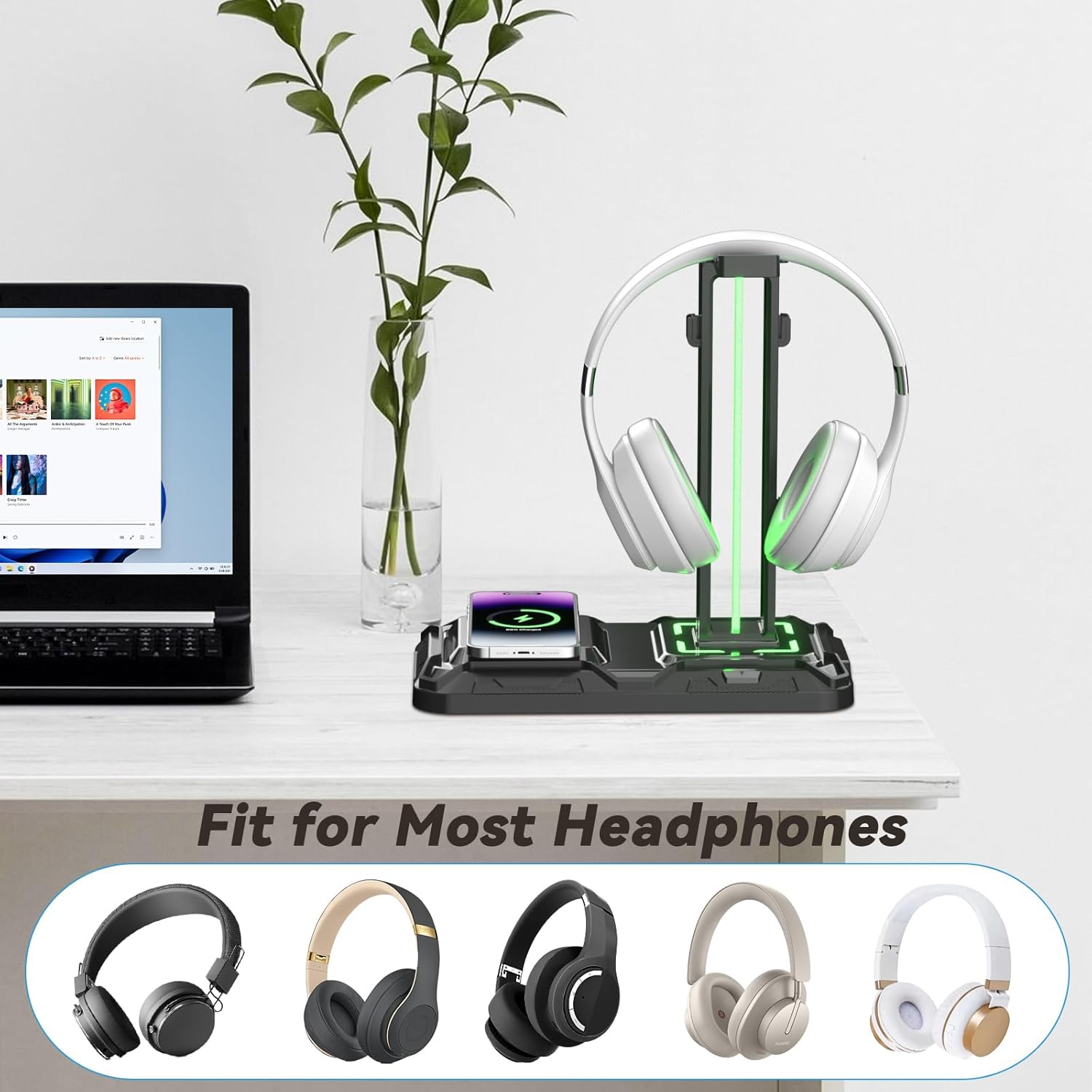Thumbnail 4 de KDD Gaming Headset-Halterung mit Wireless-Ladegerät – LED-Lichteffekte, Controller- und Kopfhörer-Ständer