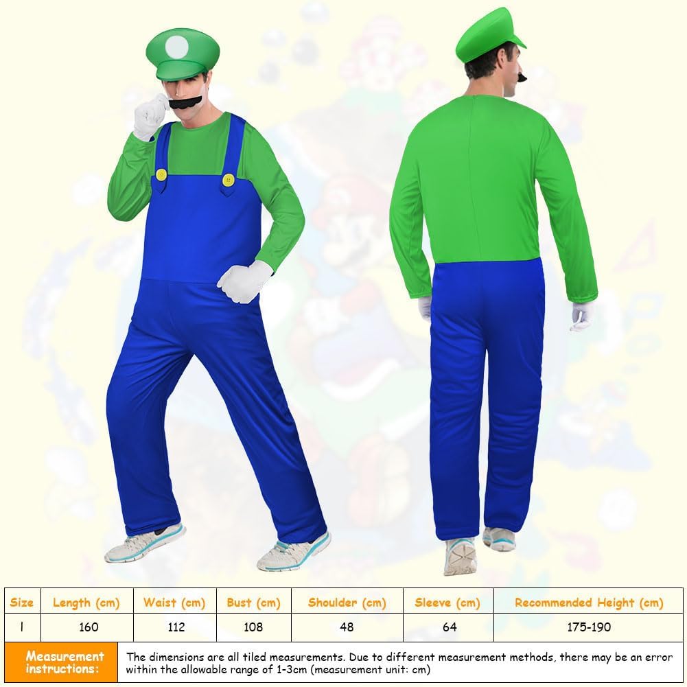 Thumbnail 1 de Aomig Cosplay Kostüm-Set „Luigi Bros“ (4-teilig) mit Mütze, Hose und Zubehör – für Karneval & Fasching