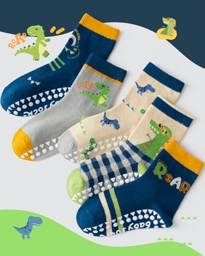 Detalle de Kyopp: 5 pares de calcetines antideslizantes para niños y niñas (6-8 años) con motivos de animales