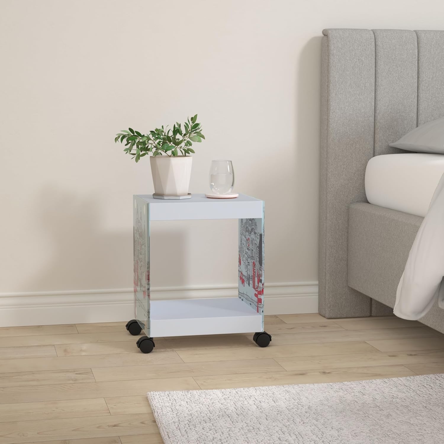 Detalle de Inter Link Tavolino – Comodino London Cube: stile moderno in vetro e MDF, 38 x 33,5 x 46 cm