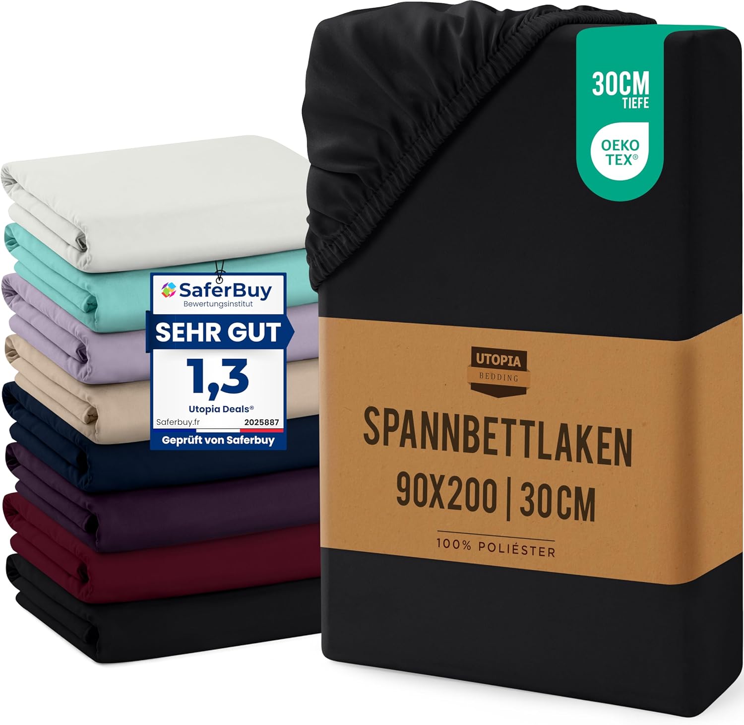 Thumbnail 6 de Utopia Bedding Spannbettlaken 140x200 cm bis 30 cm Taschenhöhe – schwarz, gebürstete Mikrofaser (OEKO-TEX)