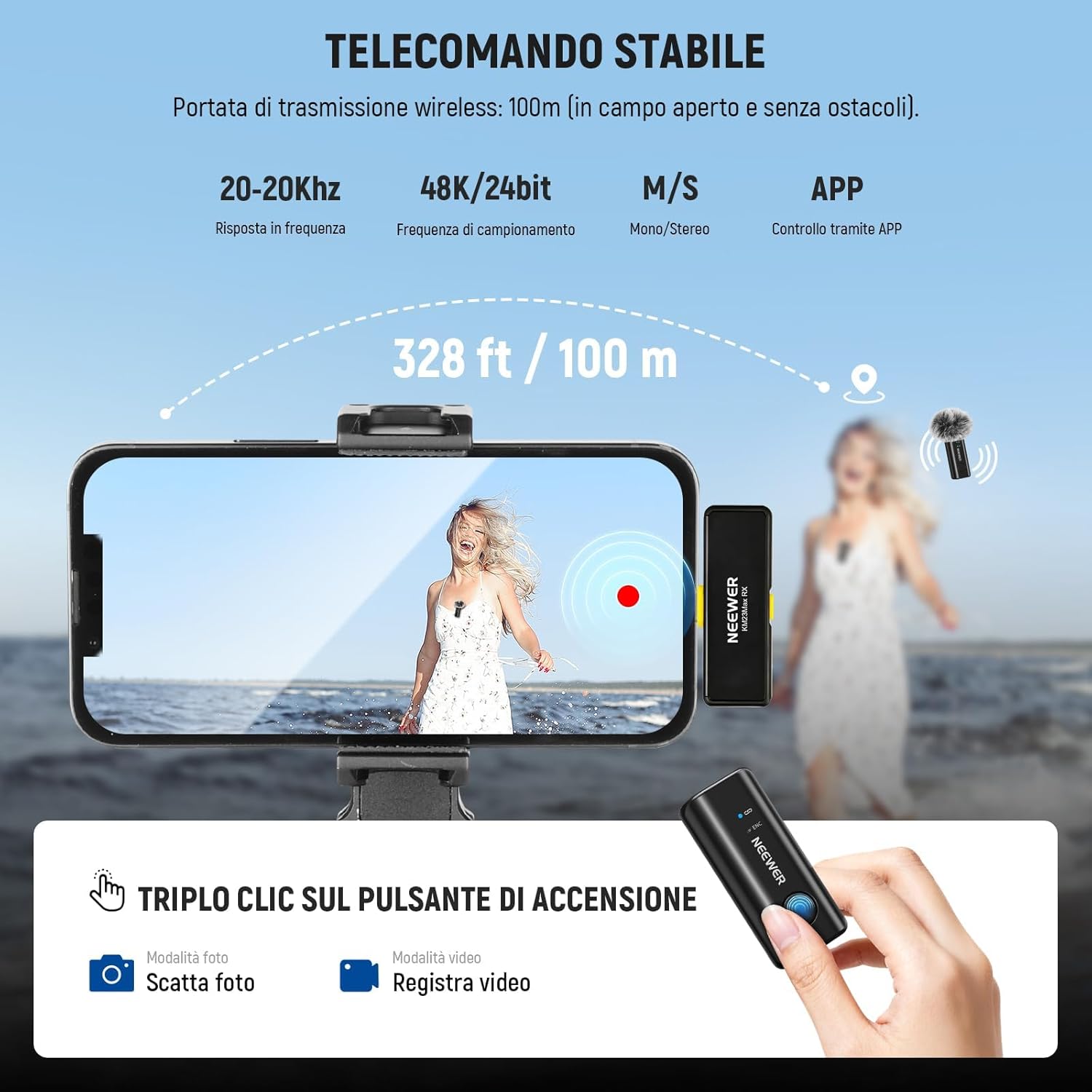Detalle 2 de NEEWER KM23Max: microfono lavalier wireless con 1 RX + 2 TX, omnidirezionale 48 kHz/24 bit e anti-rumore