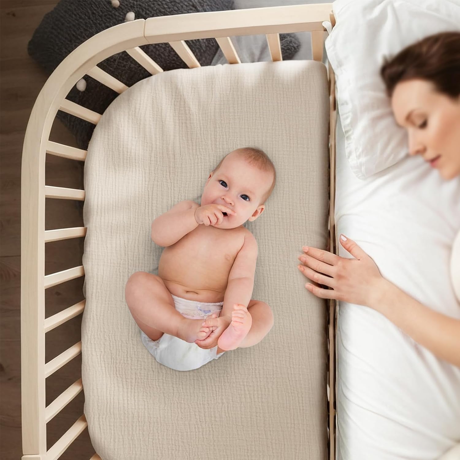 Thumbnail 6 de lulumoon Musselin-Baumwolle Spannbettlaken 2er-Set für Stubenwagen, Kinderwagen & Reisebett (35x75 cm, 41x81 cm, 40x90 cm) – Grau Creme