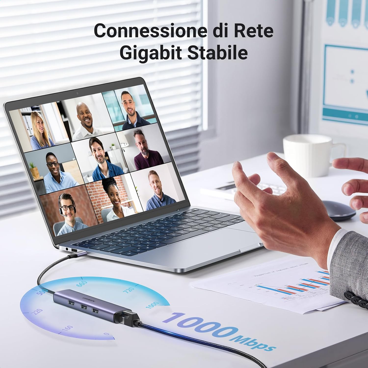 Detalle de UGREEN Hub USB C Ethernet 4-in-1: Ethernet Gigabit + 3 porte USB-A per MacBook, iPhone e dispositivi Android