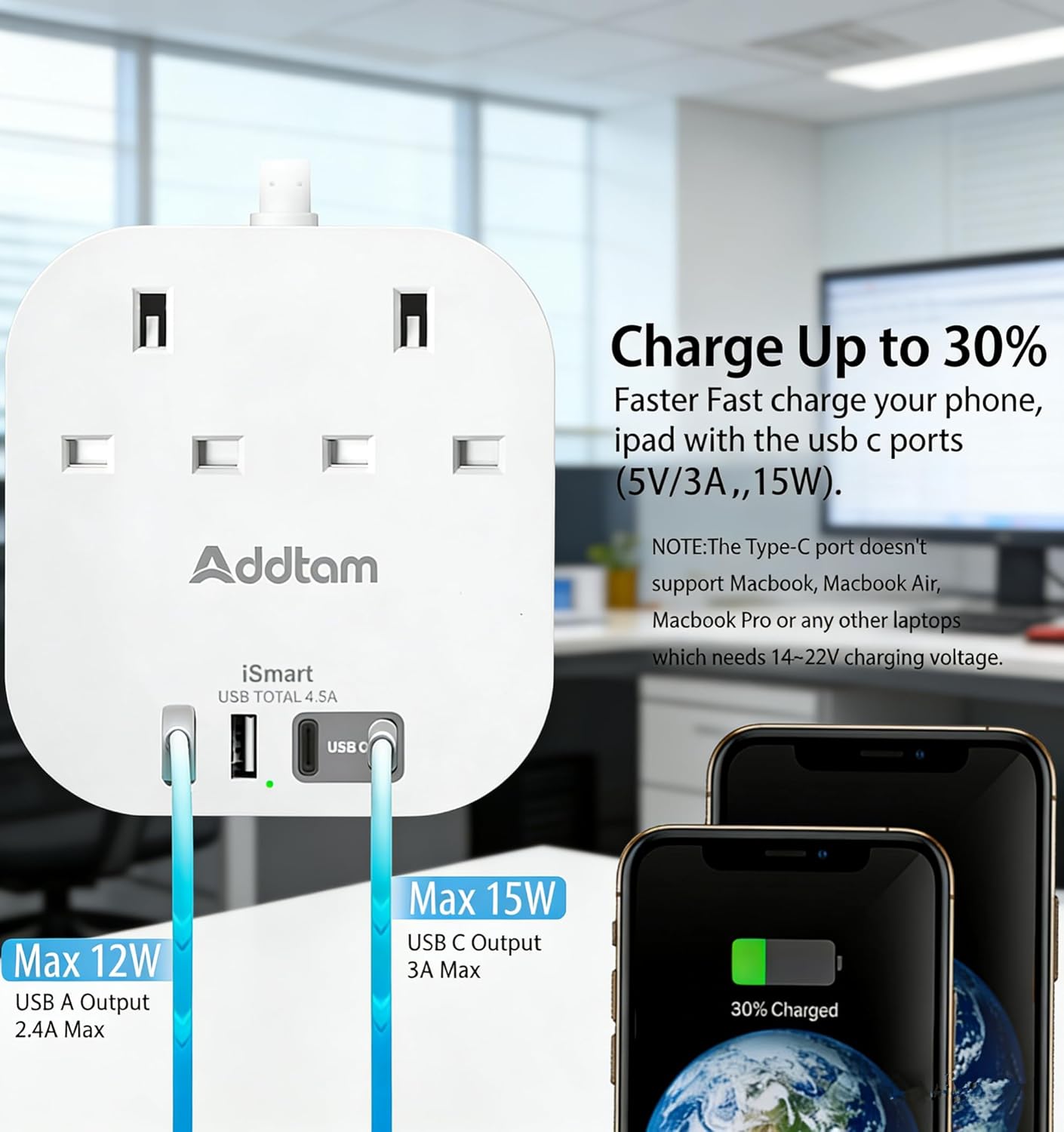 Thumbnail 3 de Addtam Extension Lead Power Strip with 2 Way Outlets, 4 USB Ports and 5m Braided Cord (Surge Protection)