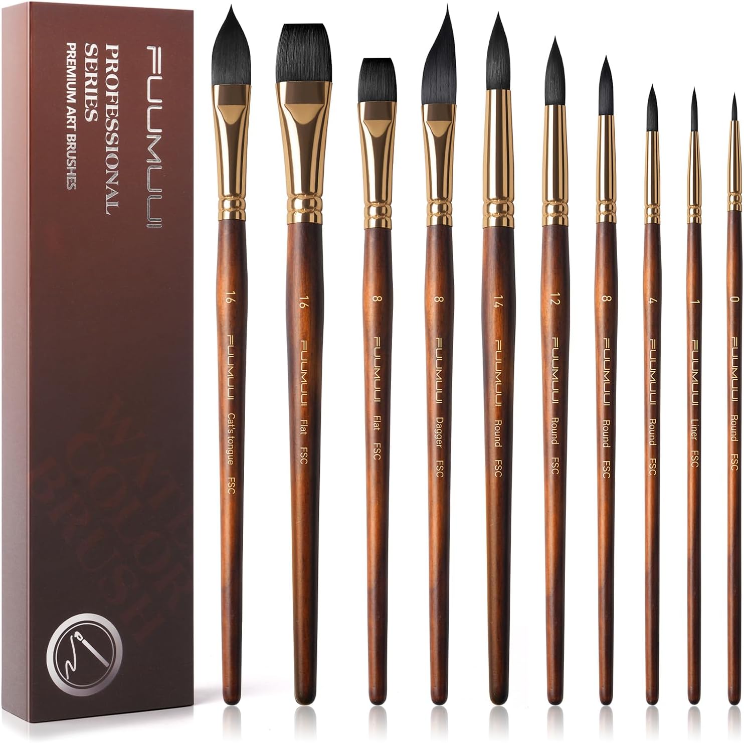 Fuumuui 10-piece synthetic squirrel-hair watercolour brush set (multiple shapes)