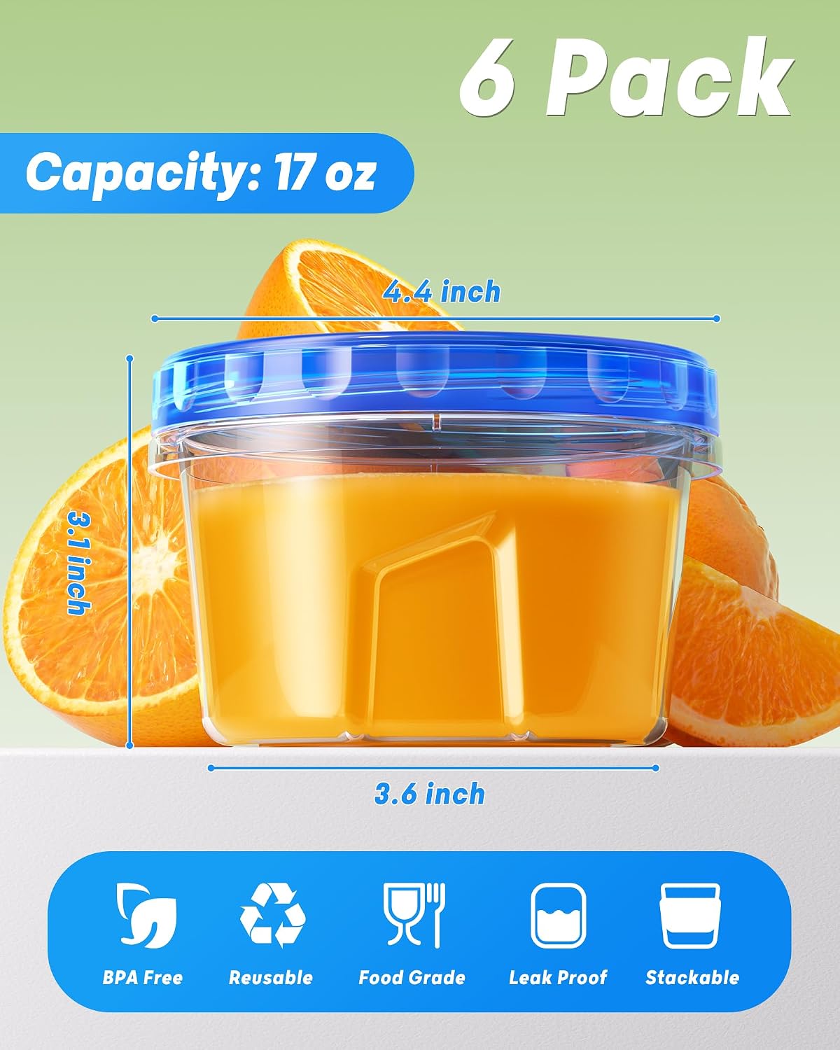 Detalle 2 de BiuLeon 6-Pack 17oz Freezer Storage Containers with Twist-Top Lids (BPA-Free, Microwave & Dishwasher Safe)