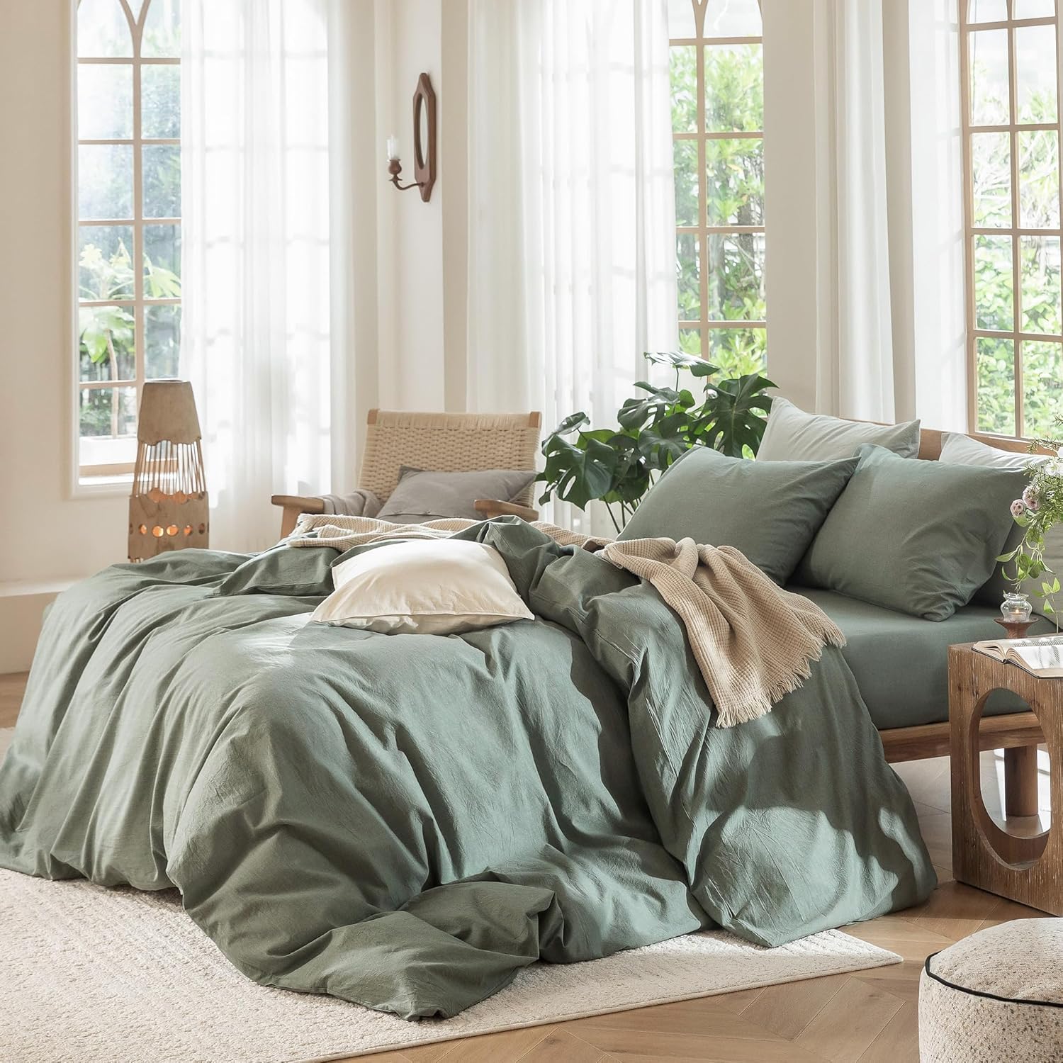 Thumbnail 2 de MooMee Bedding Duvet Cover Set: 100% Washed Cotton, Linen-Like Texture in Heathered Green (King, 104x90)