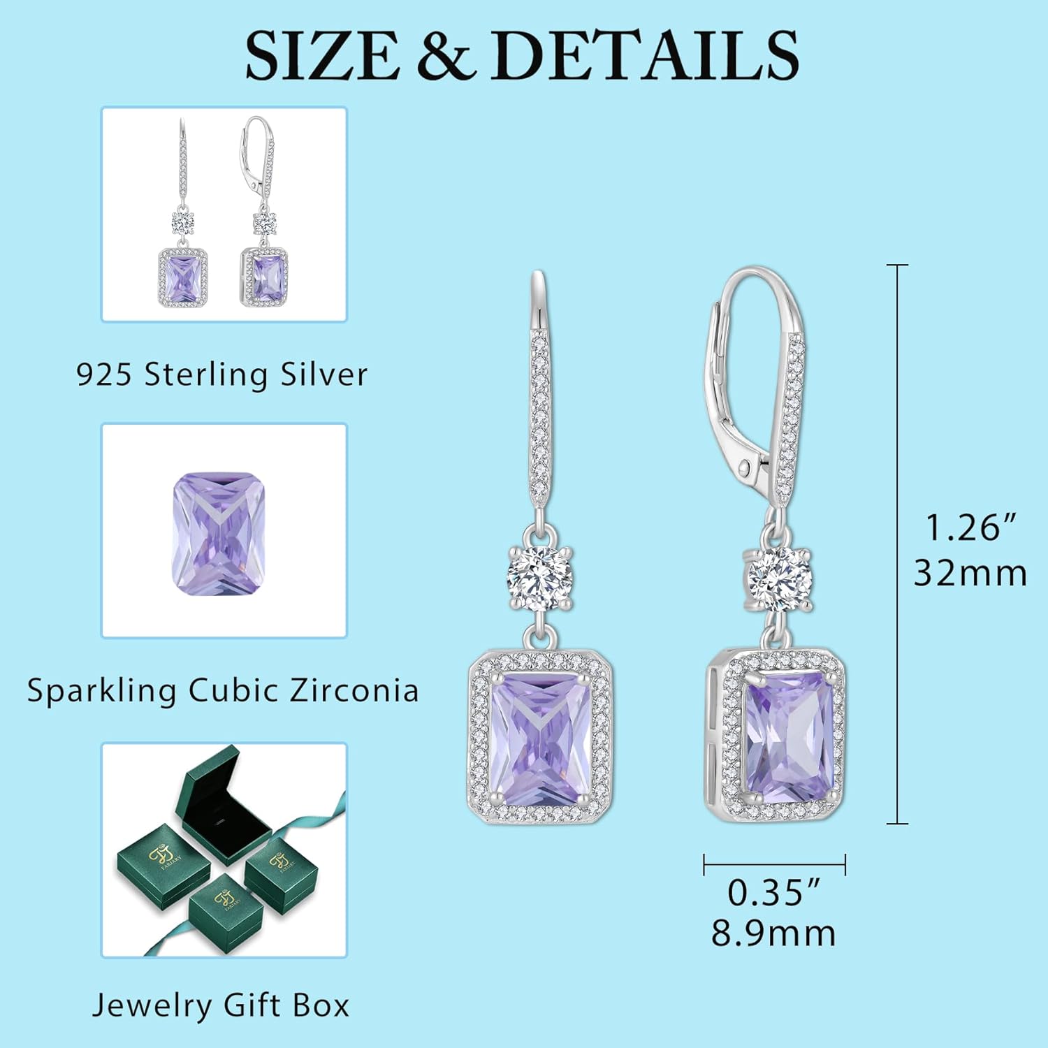 Thumbnail 5 de FJ Rectangular Cut Birthstone Drop Earrings in 925 Sterling Silver (Leverback)
