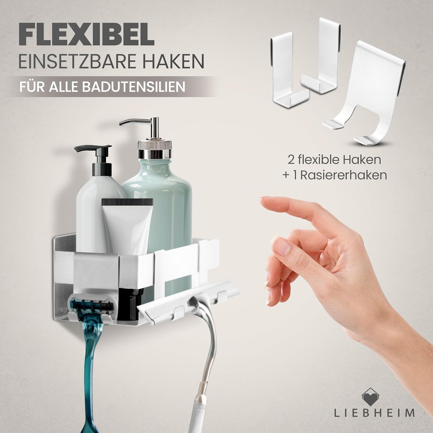 Thumbnail 3 de LIEBHEIM Duschablage ohne Bohren (Badregal/Duschregal) silber gebürstet – Organizer für Dusche