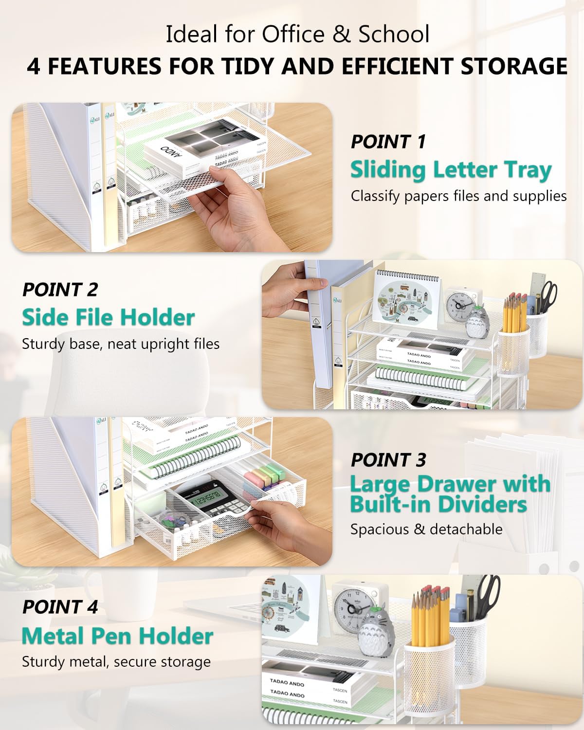 Detalle 2 de WALI DO005DH-W 4-Tier Metal Desk File Organizer with Drawer and Pen Holders