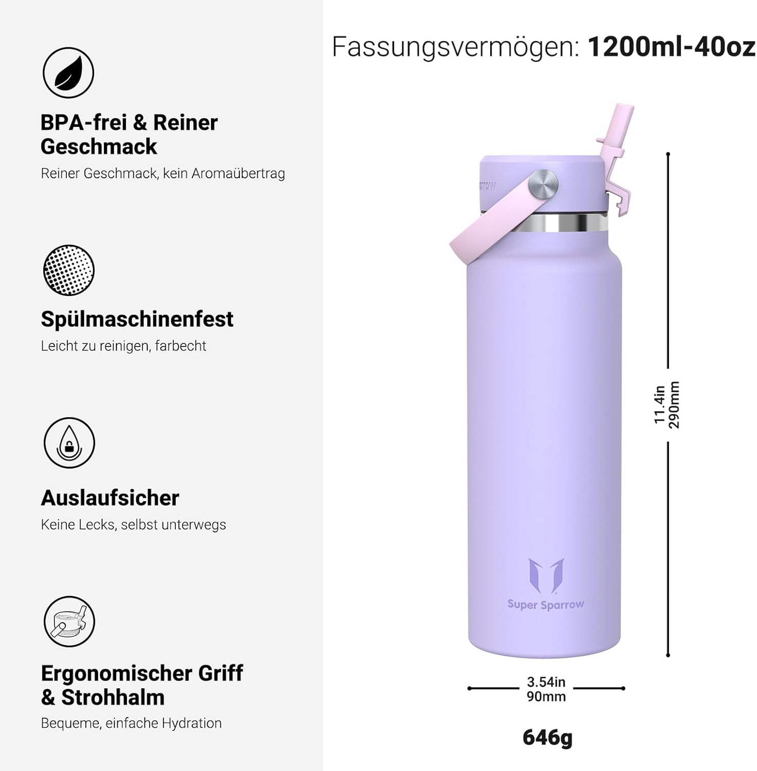 Thumbnail 2 de Sparrow Trinkflasche Edelstahl 1,2 L – Weithals, SwivelSip, BPA-frei, auslaufsicher