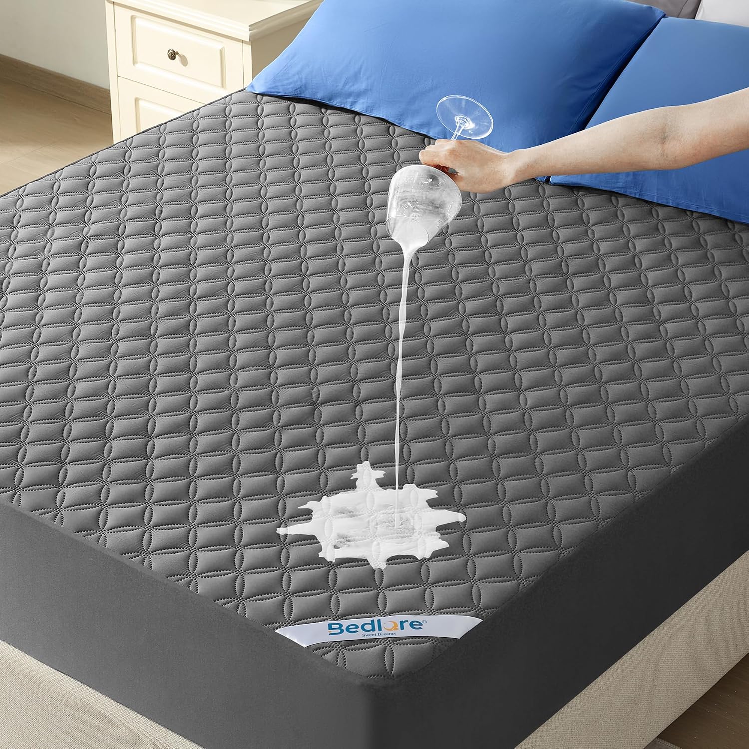 Detalle de BEDLORE Waterproof Double Mattress Protector with Upgraded TPU Layer and Deep Pocket – Grey