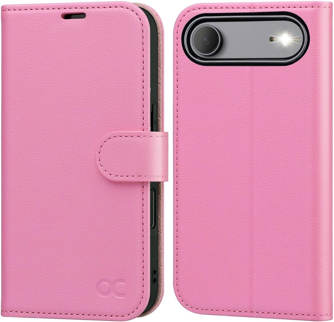 Detalle de OCASE Lederhülle für iPhone Air 5G – Kartenfach, RFID-Schutz, Standfunktion, rosa