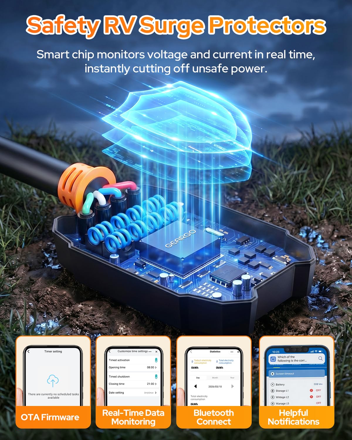 Detalle de GEARGO ALL-NEW RV Surge Protector 50 Amp with 30000J and Smart App: Robust Shutdown, Real-Time Monitoring, and IP68 Protection
