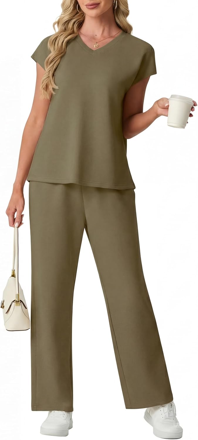 Detalle de GRECERELLE Women's Tracksuit Full Set: Summer Short Sleeve Lounge Wear Two-Piece