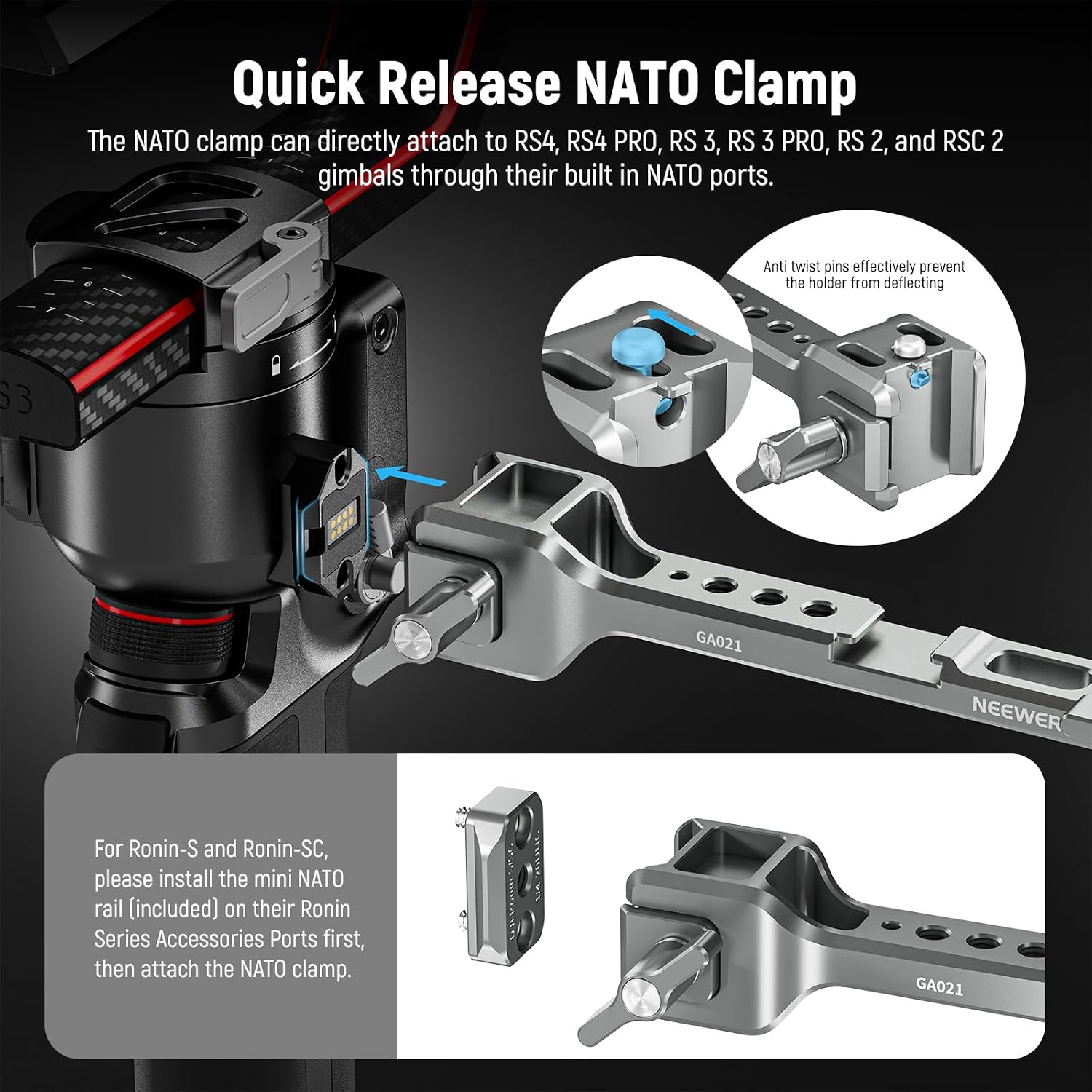 Detalle de NEEWER NATO Monitorhalterung für DJI RS & Ronin Gimbal – 360° drehbar mit NATO-Klemme und 1/4" Gewinde