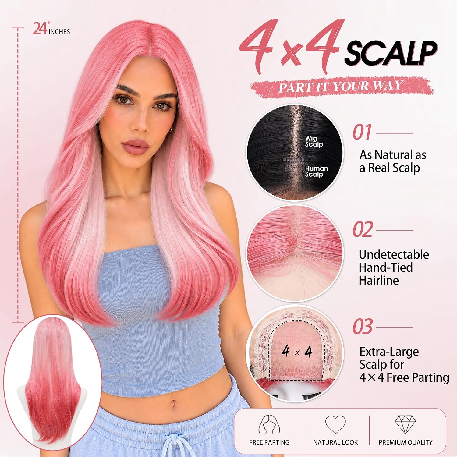 Detalle 2 de WECAN 24-Inch Pink Ombre Layered Wig with 4x4 Free-Part Lace