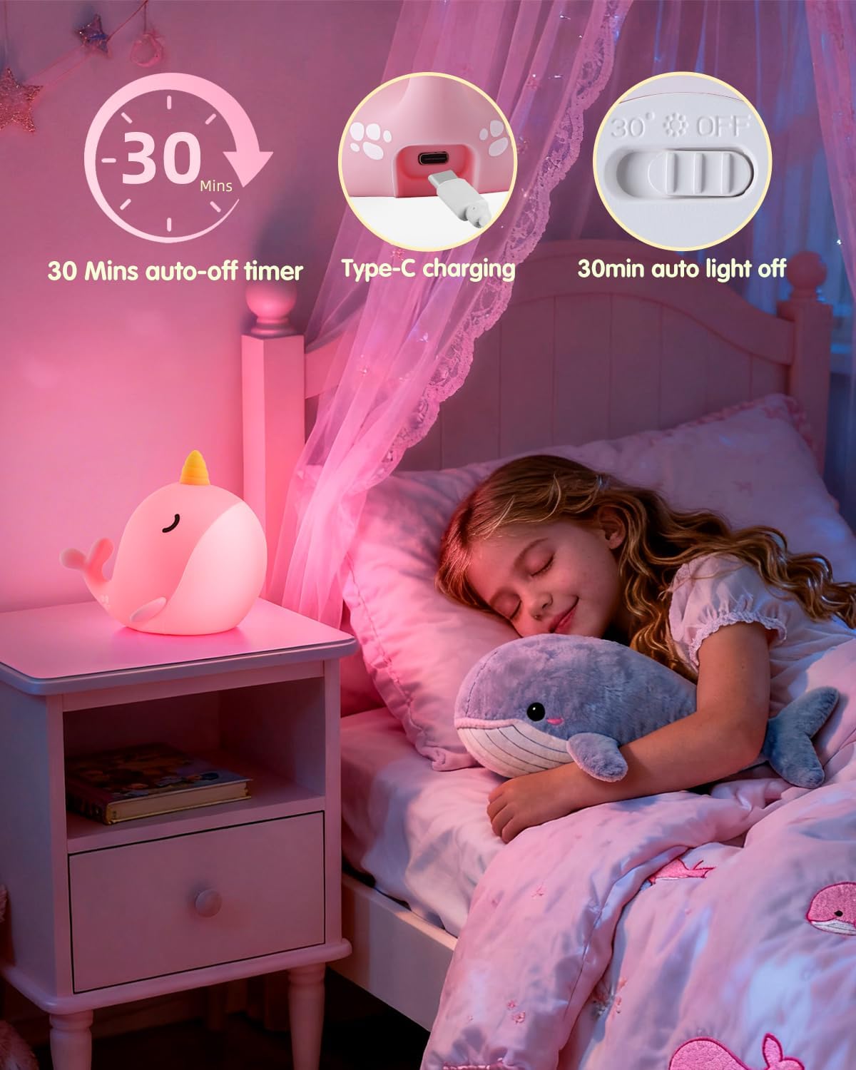 Detalle de Fuloon Whale Narwhal Night Light for Kids