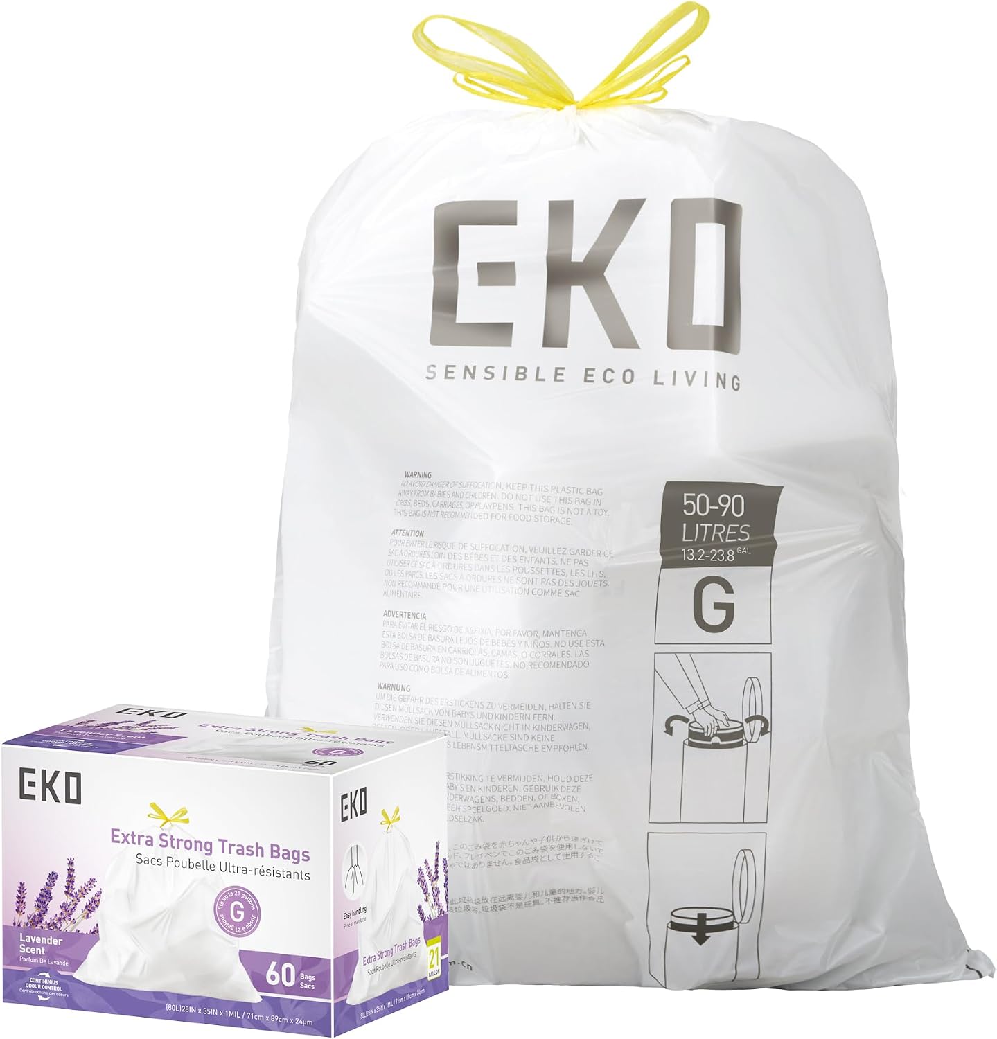Detalle de EKO EK33707B-60LAVENDER vuilniszakken met trekkoord, lavendelgeur, 60 stuks