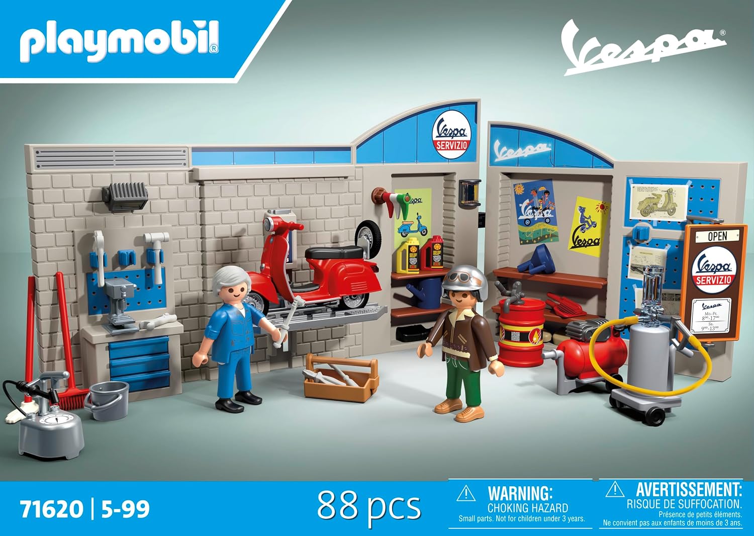 Thumbnail 3 de PLAYMOBIL Cars 71620 Vespa Garage – 60er Jahre Werkstatt mit Hebebühne und 88-teiligem Zubehör