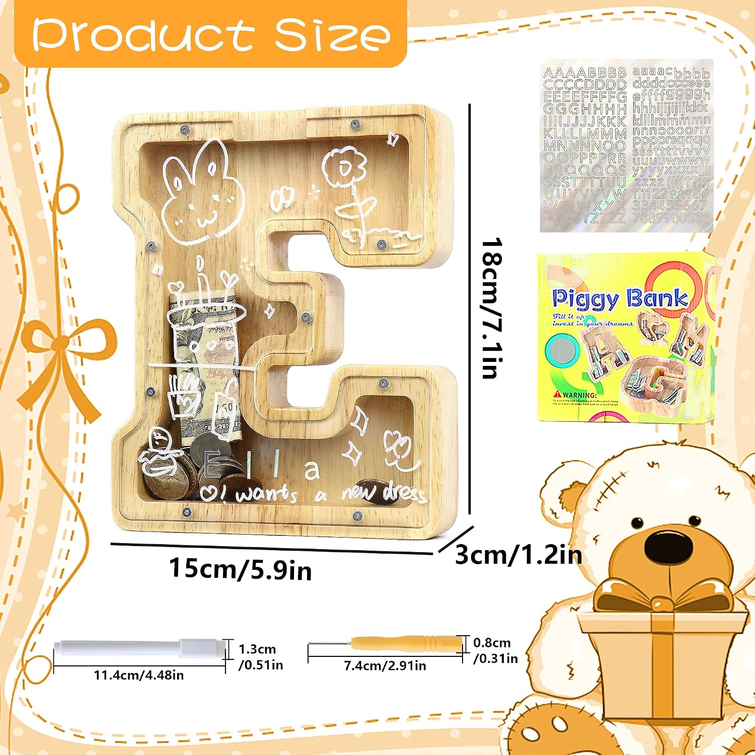 Detalle de Lakpopya Spardose für Kinder – personalisiert, durchsichtiges Panel aus Acryl, Holzspardose mit Buchstabe A–Z und Zielspeicher