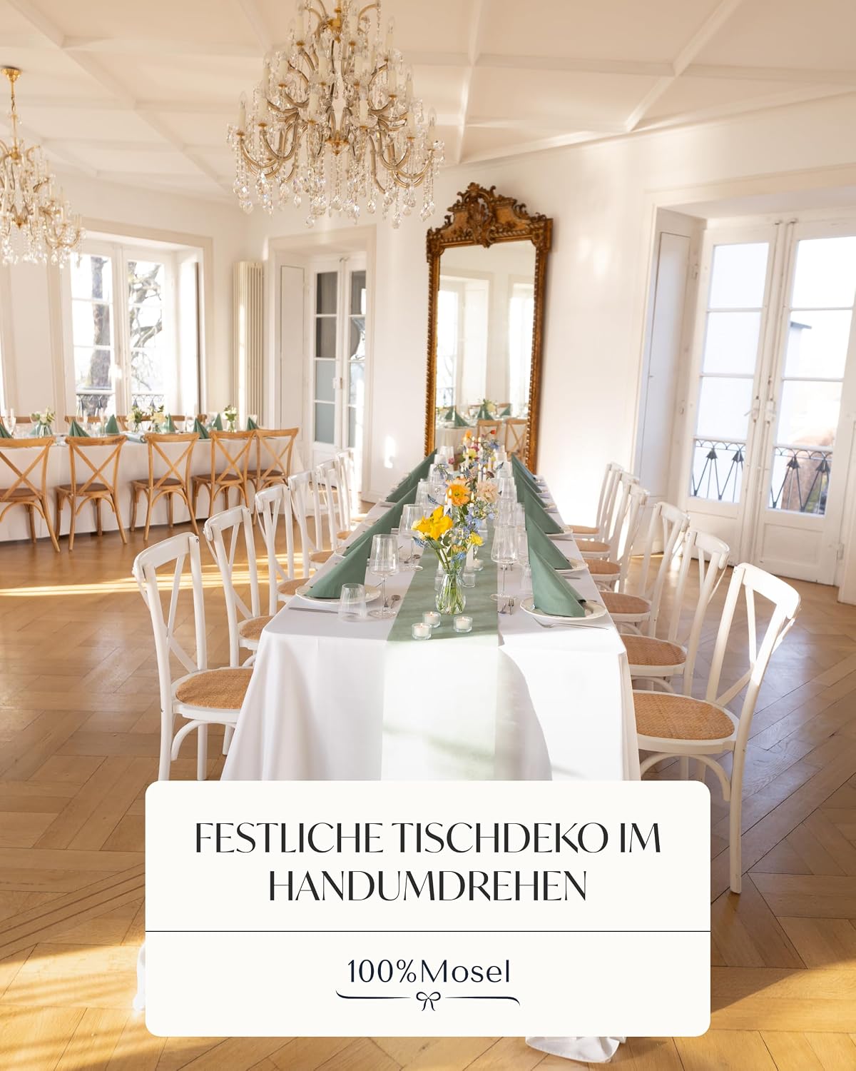 Thumbnail 2 de 100%Mosel Tischdeko-Set Eukalyptus Grün (25–50 Gäste) – Tischläufer & Tissue-Servietten für Taufe, Hochzeit & Co.