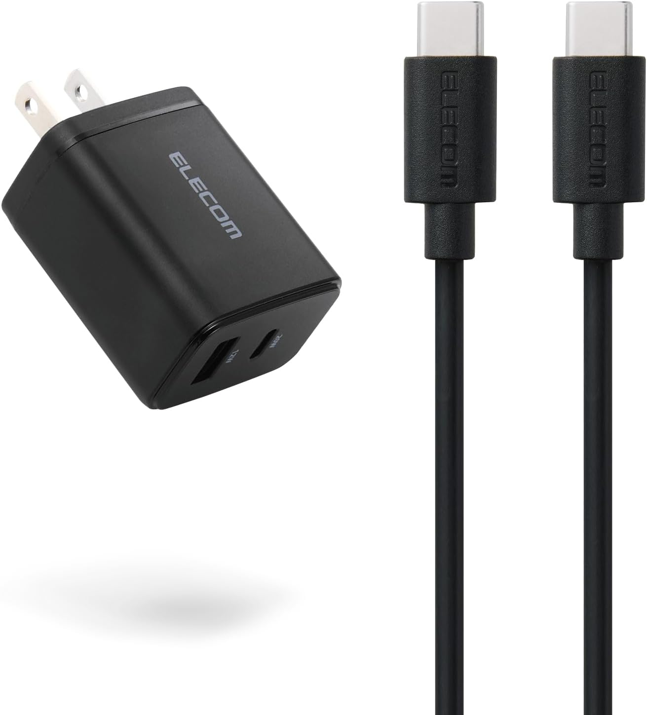 Detalle de エレコム EC-AC12620BK 20W USB-C・USB-A 2ポート充電器 GaN II、1.5mケーブル付属