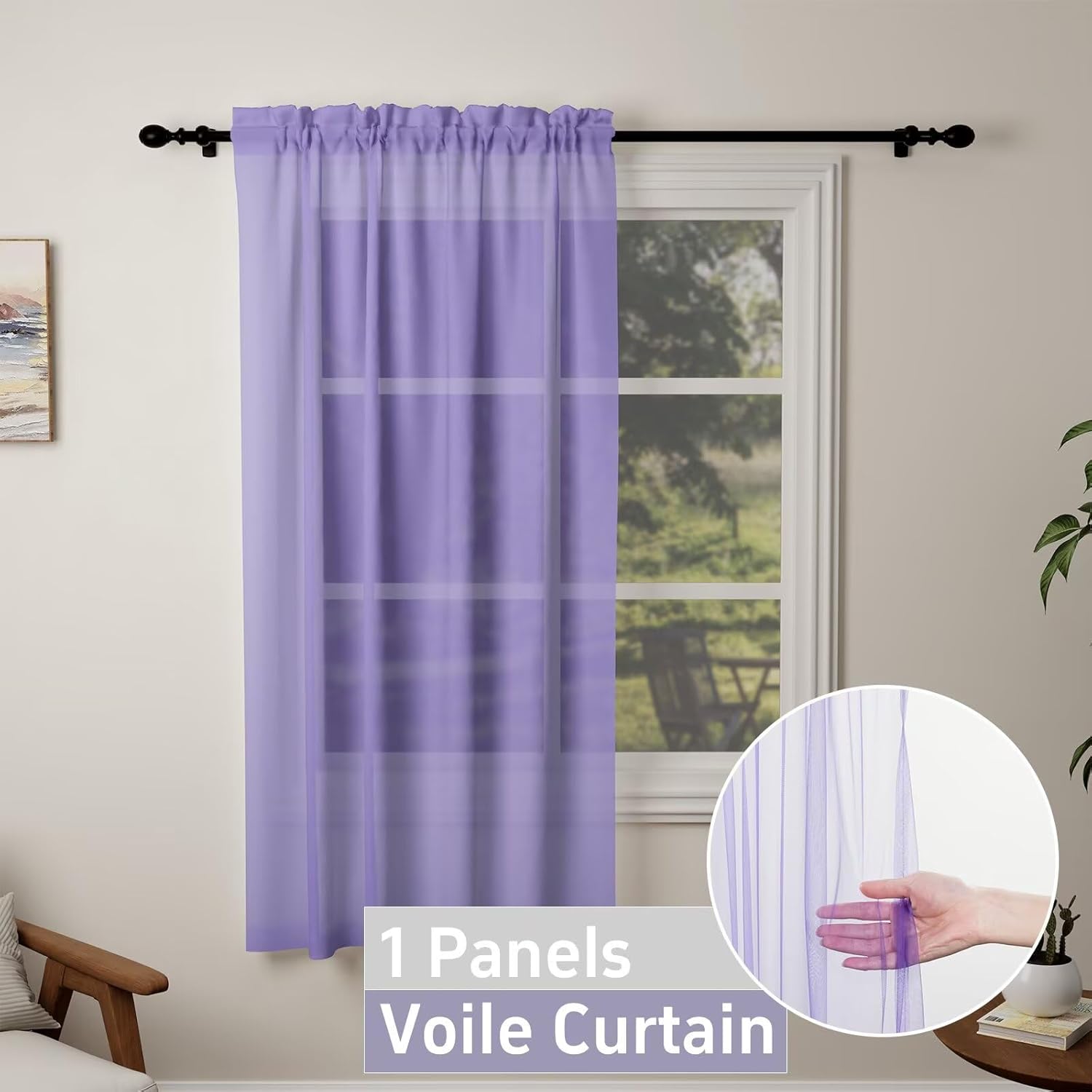 Detalle de Pacok Purple Voile Curtains, 72in Drop Net Curtain for Windows – W56 x L72 (142 x 183 cm) Purple