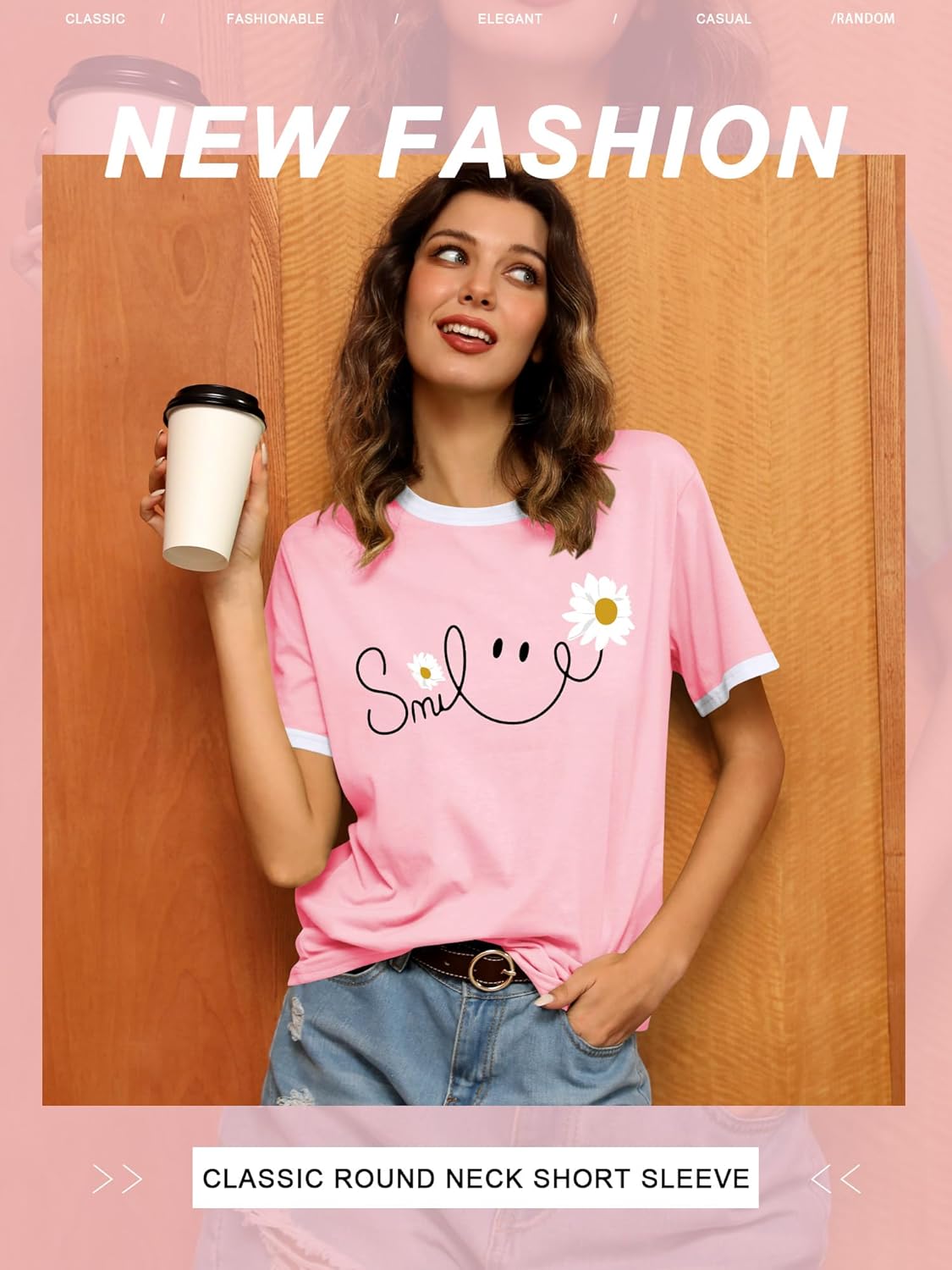 Thumbnail 1 de Yihelian Damen-T-Shirt Daisy Print Kurzarm Rundhals – Sommerlook mit Smile-Print