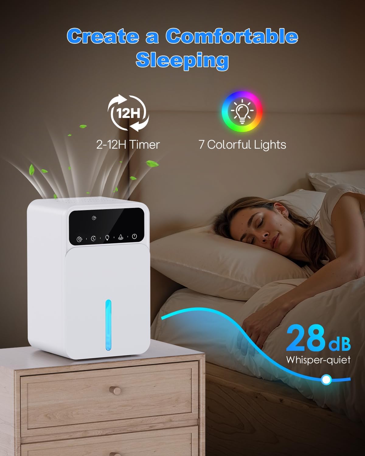 Detalle 2 de Dehumidifiers for Home, 1500ML Portable Dehumidifier with 7 Lights, 12H Timer and Auto Shutoff