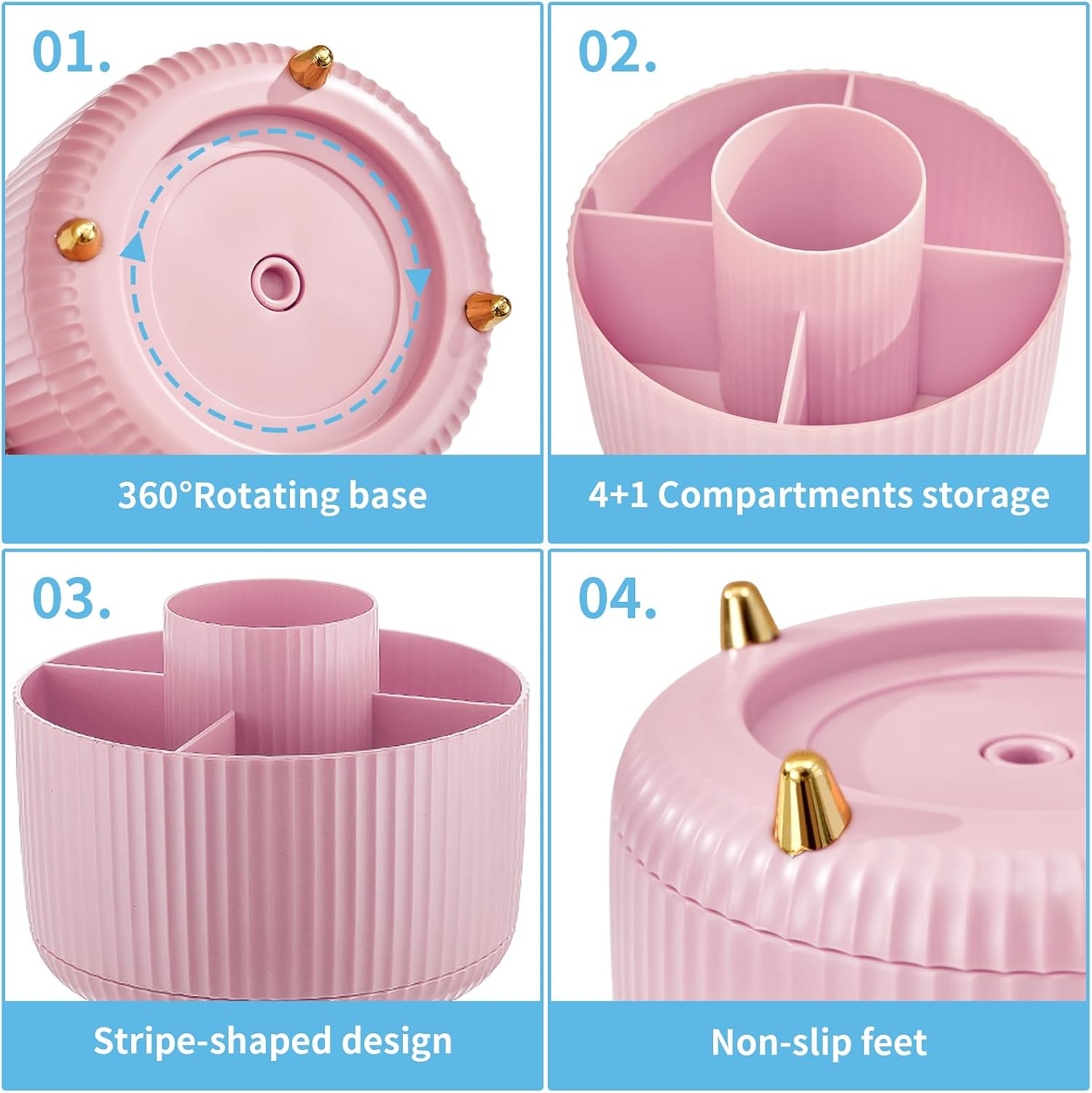 Detalle de Marbrasse Plastic Rotating Pen Holder-Pink Desk Organizer, 5 Compartments