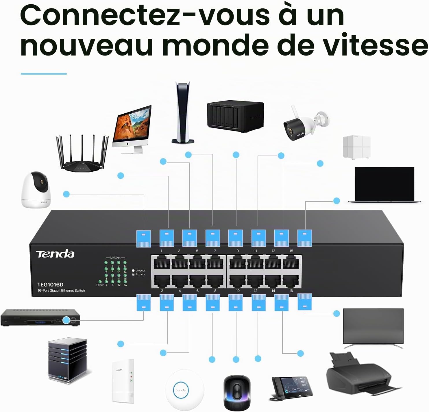 Detalle 2 de Tenda TEG1016D : Switch Ethernet 16 Ports Gigabit, acier, Plug & Play pour bureau ou petit entreprises
