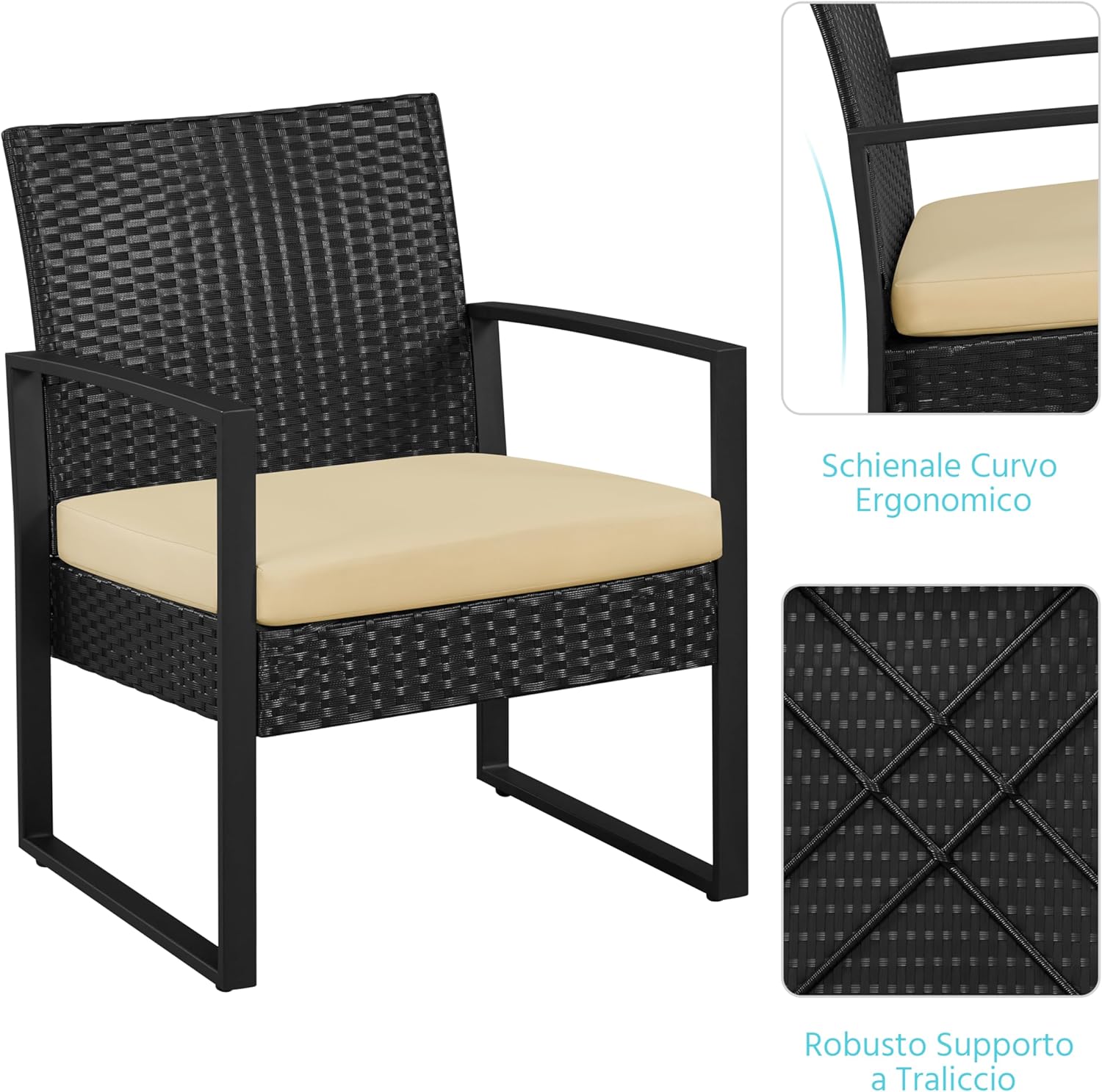 Detalle 2 de Yaheetech Set Mobili da Giardino in Poly Rattan – 2 Sedie e Tavolino da Balcone con Cuscini