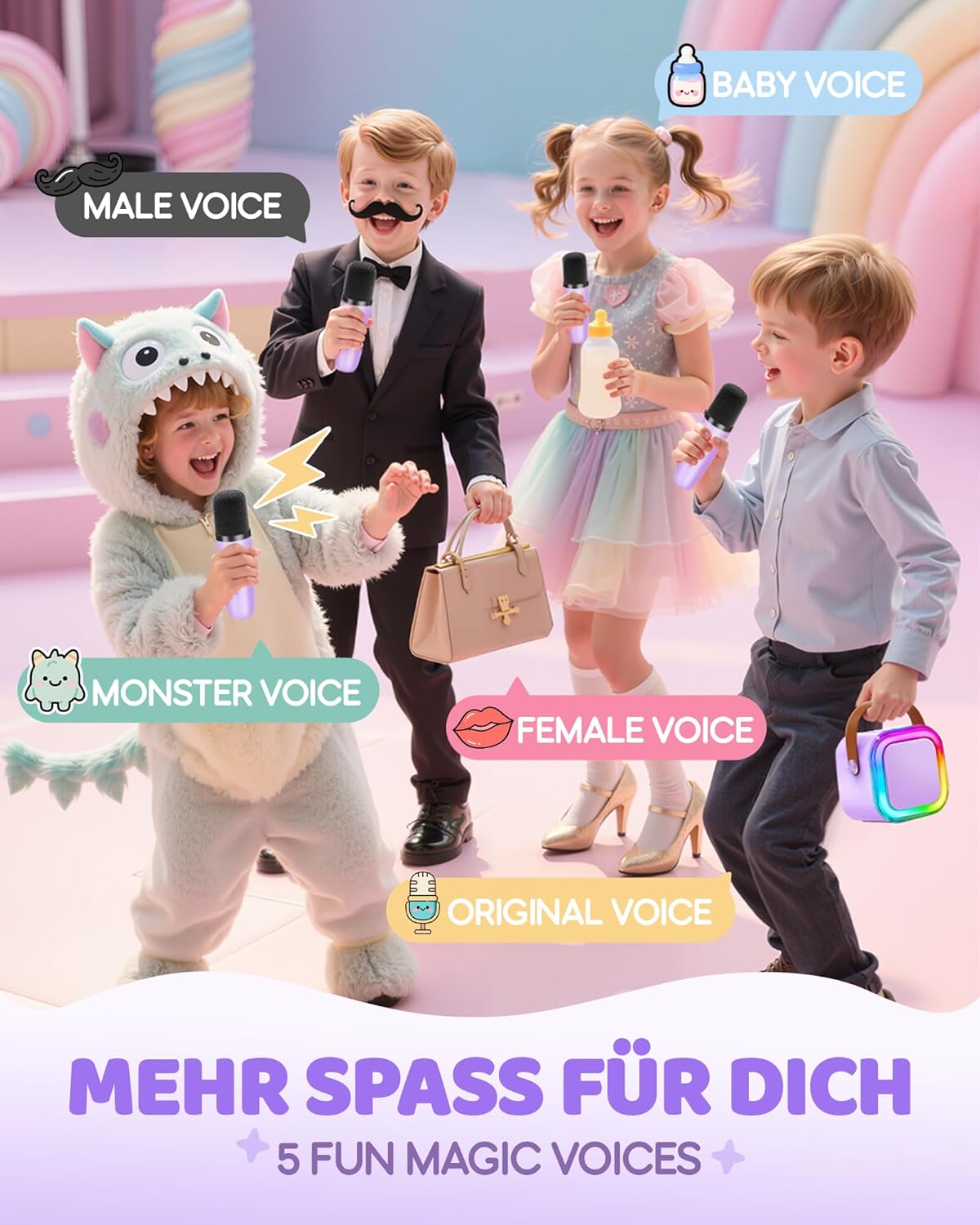 Detalle de Kinder-Karaoke Maschine (3–12 Jahre) mit 2 Mikrofonen – violett, Bluetooth & TF-Karte
