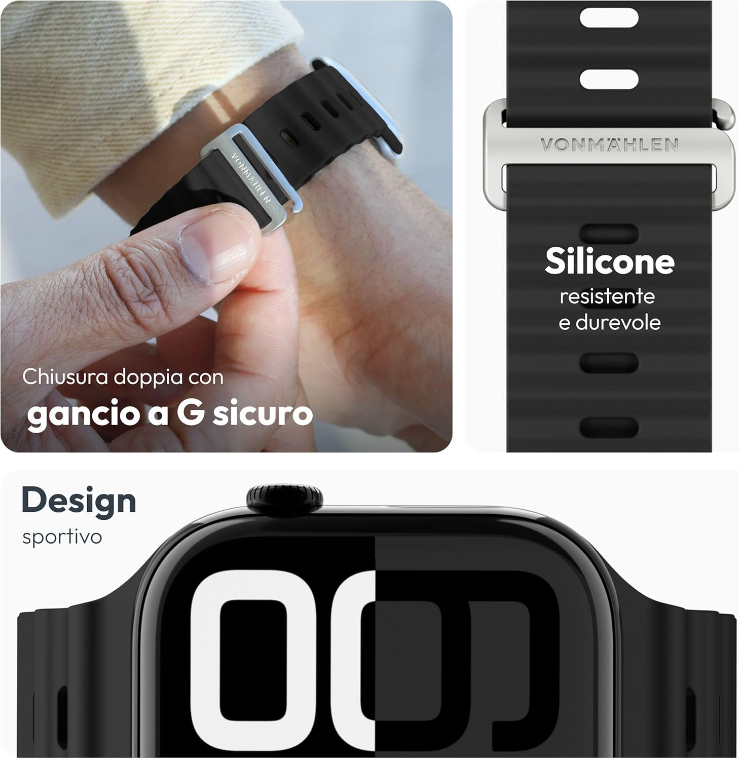 Thumbnail 2 de VONMÄHLEN Wave Band 2: cinturino impermeabile in silicone riciclato per Apple Watch, design sportivo e vestibilità sicura