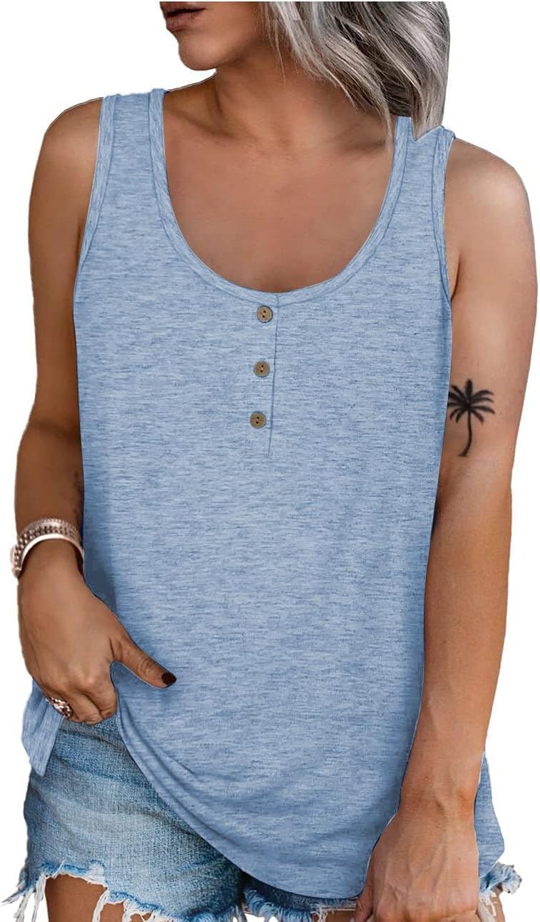 Detalle de Famulily Henley Tank Top Damen U-Ausschnitt – Sommer-Top mit Knöpfen