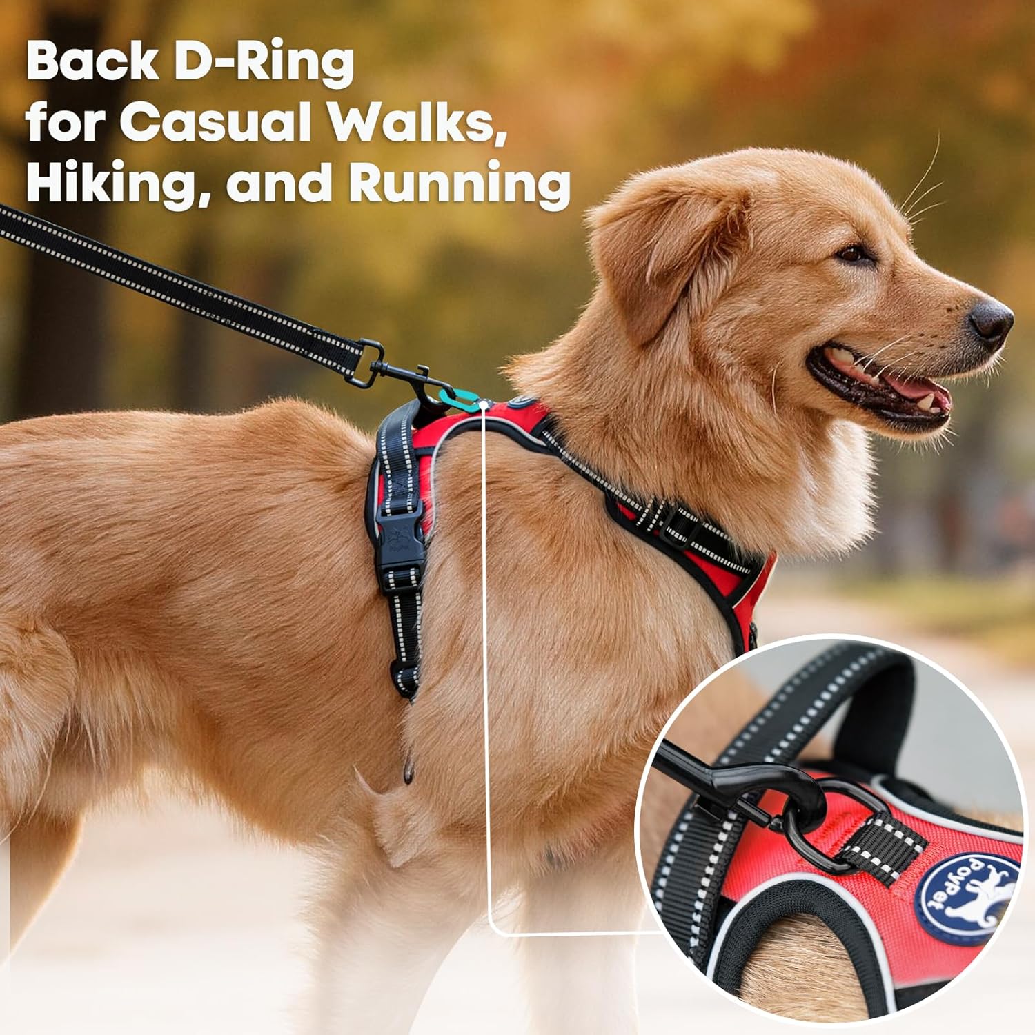 Detalle de PoyPet No Pull Dog Harness with Reflective Vest, 2 Leash Attachments & Easy Control Handle (Red, S)