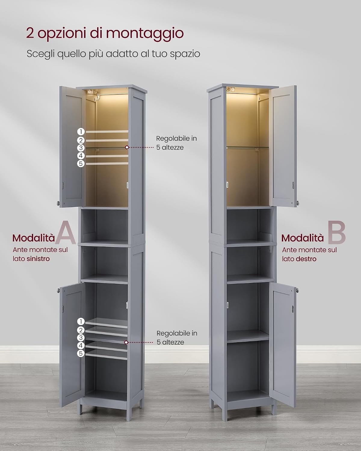 Detalle 2 de VASAGLE Mobile da bagno con luce BBC566G03, armadietto alto da colonna grigio tortora 30 x 30 x 170 cm