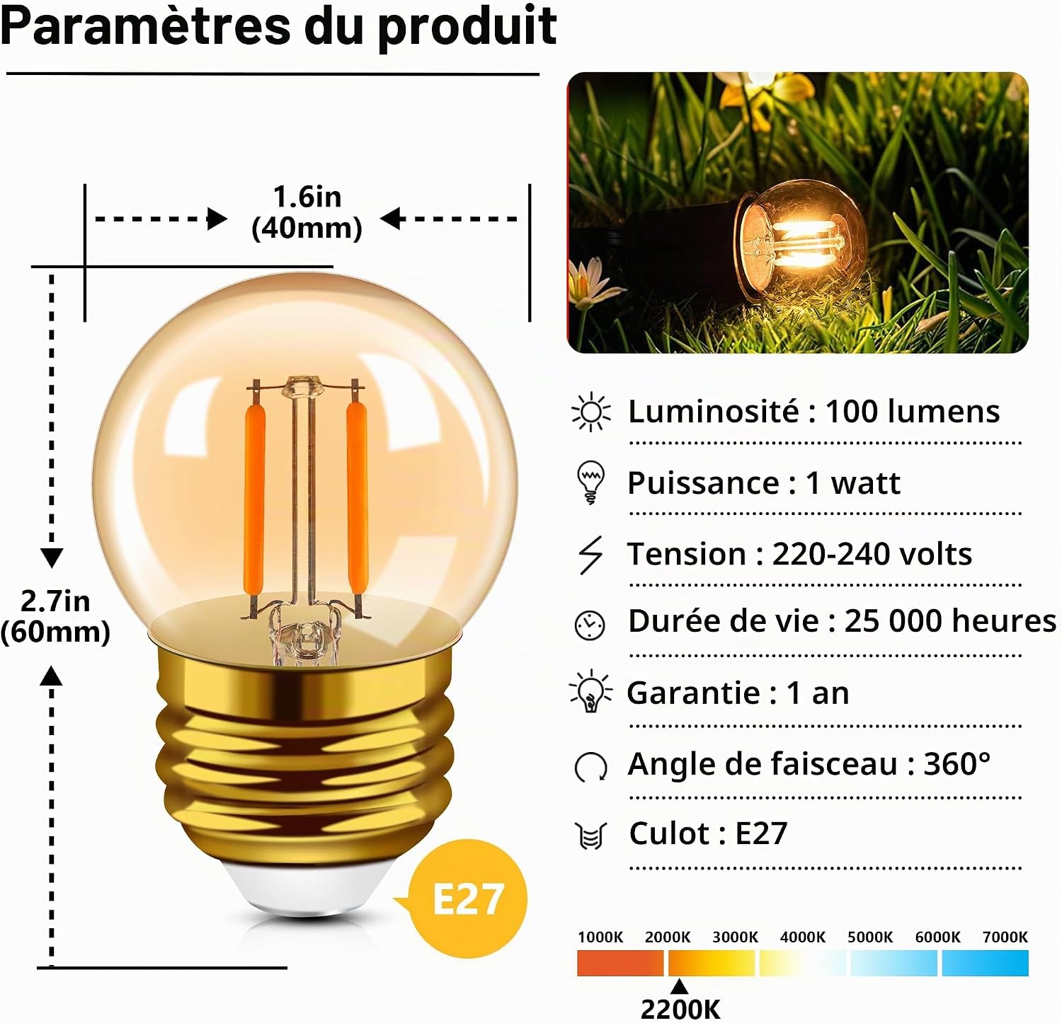 Detalle de Hcnew G40 LED-lamp E27, amber glas, 1 W en extra warm 2200 K