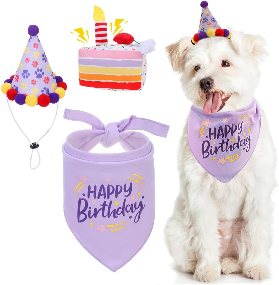 Detalle de KOOLTAIL Dog Birthday Bandana Hat Squeaky Cake Plush Toy Set (Purple) – Adjustable birthday outfit + squeaky plush
