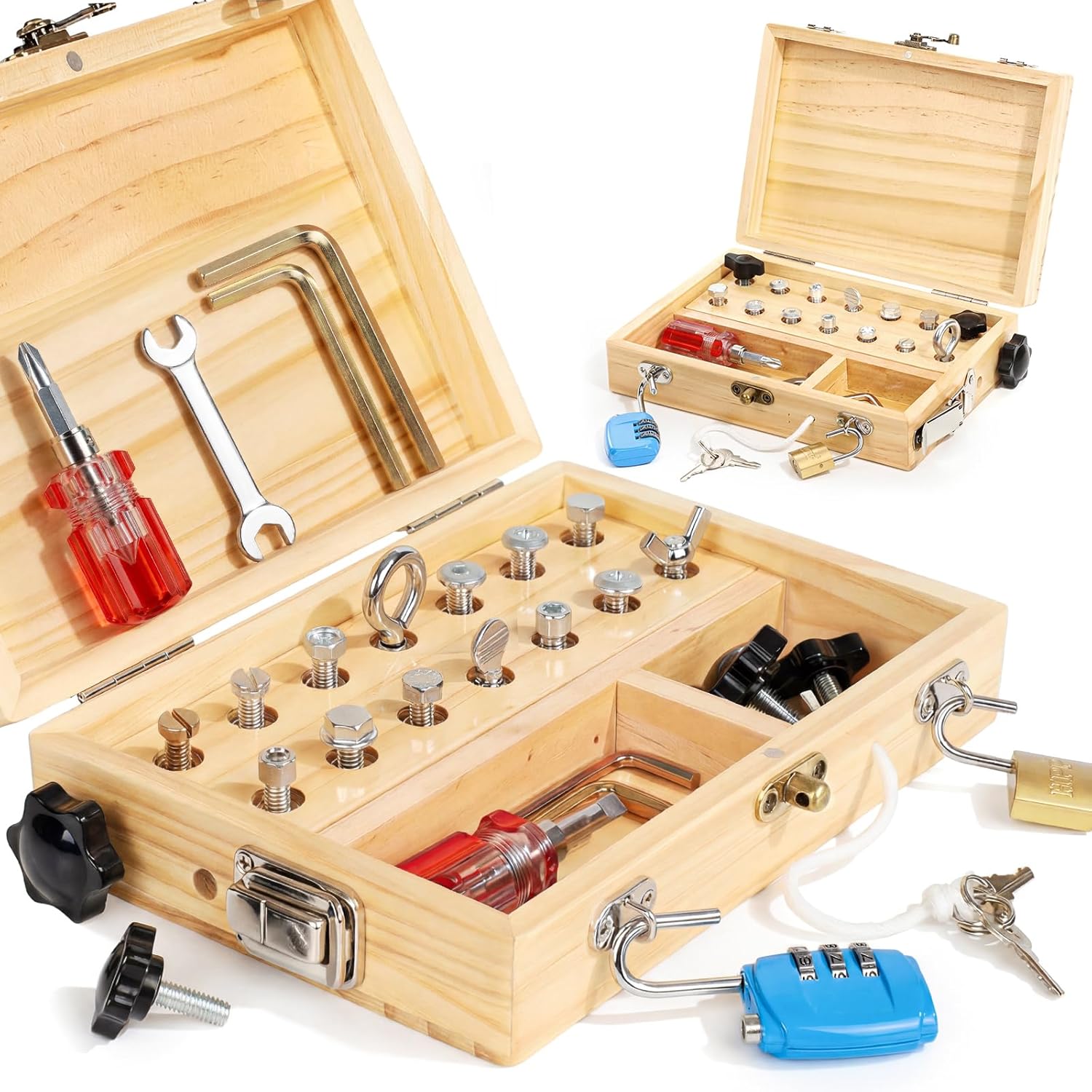 Detalle de Lehoo Castle Montessori Wooden Toolbox Toy Set with Real Locks and Tools (Ages 3–6)