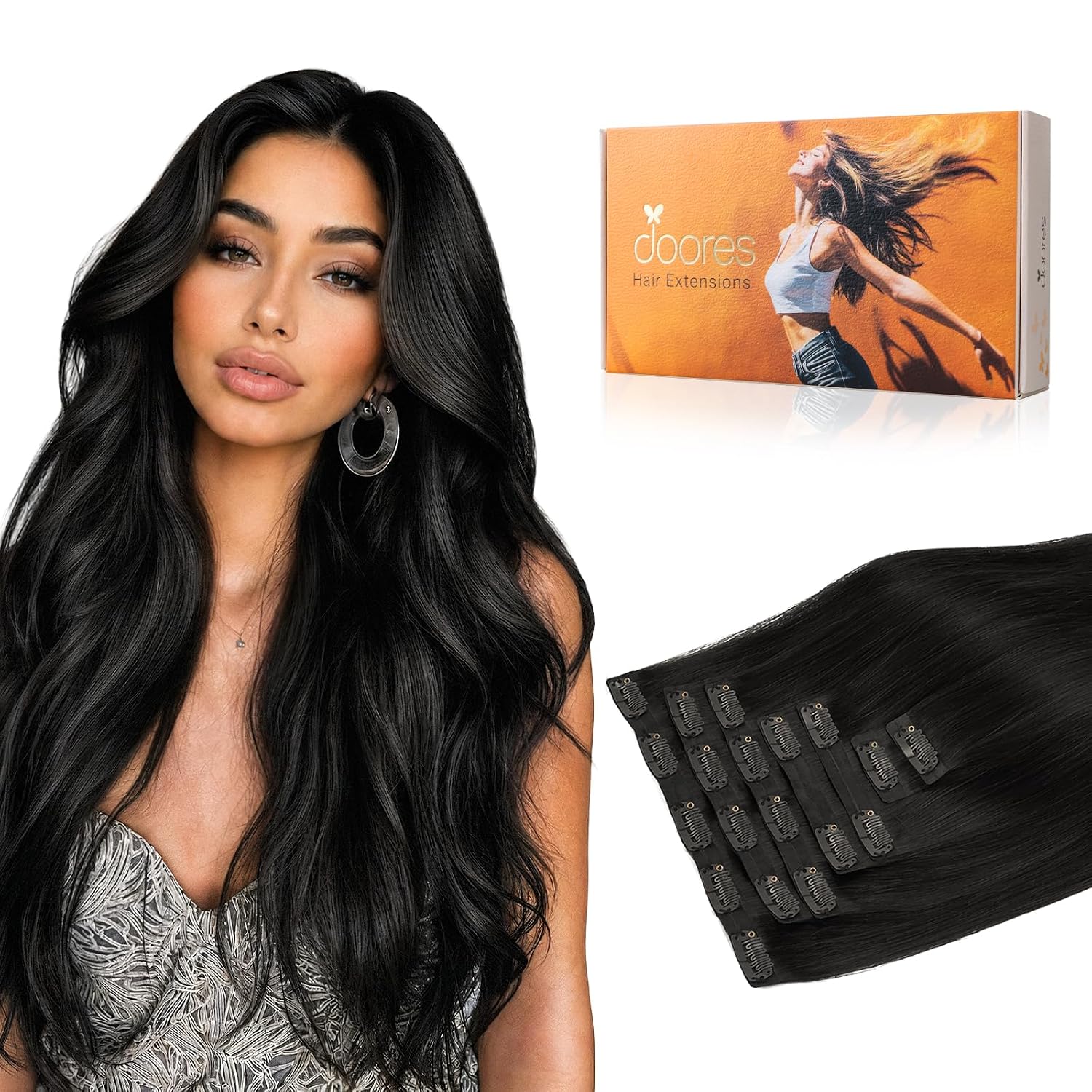 Detalle de DOORES Clip in Hair Extensions - Natural Black, 130g, 7pcs, 18 Inch | Remy Seamless Clip-ins with Invisi Edge